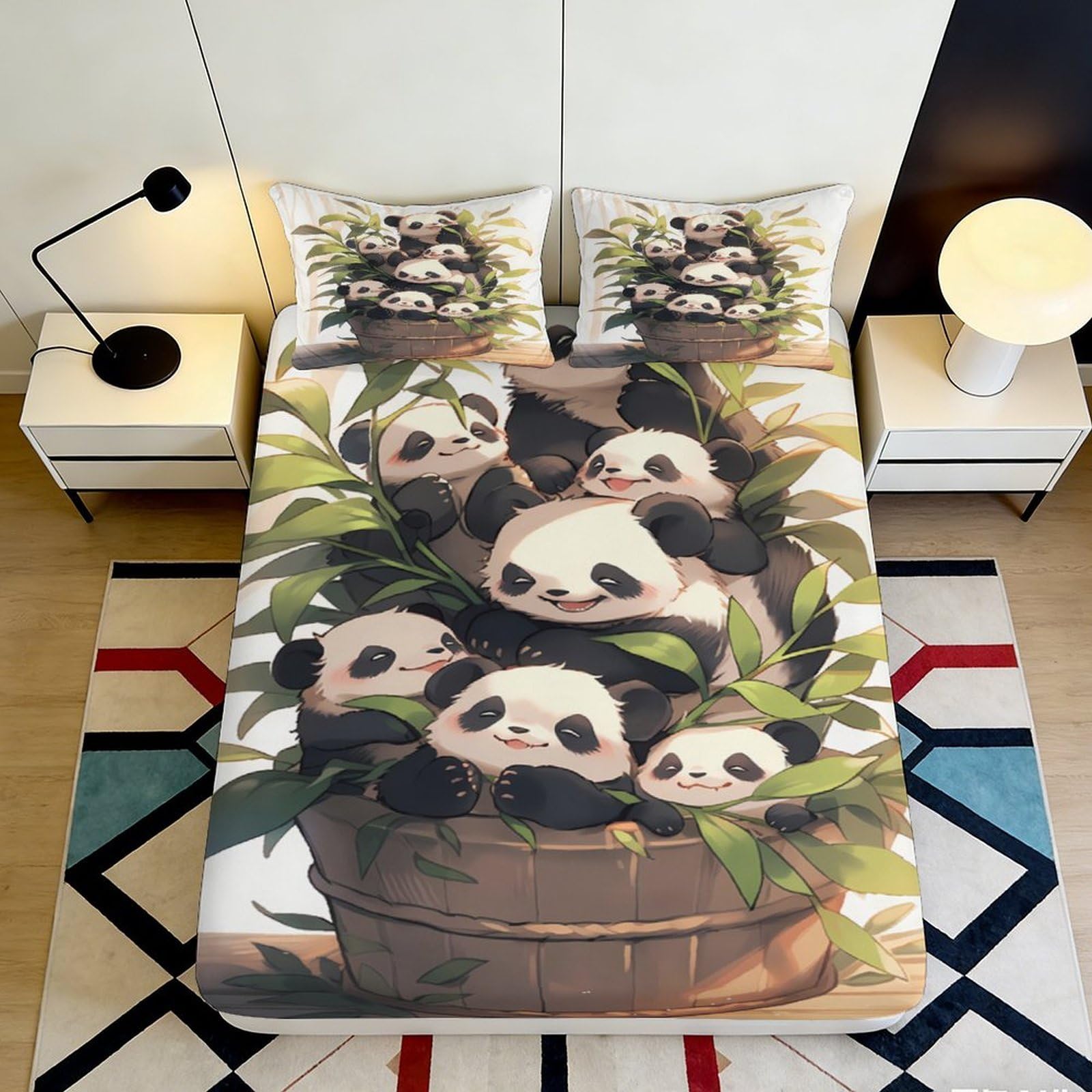 3D Printed Cute Panda Bamboo Fitted Sheet Microfiber Anti-Slip Machine Washable Bed Cover for Bedroom Dorm Home Decor 120x200x25cm