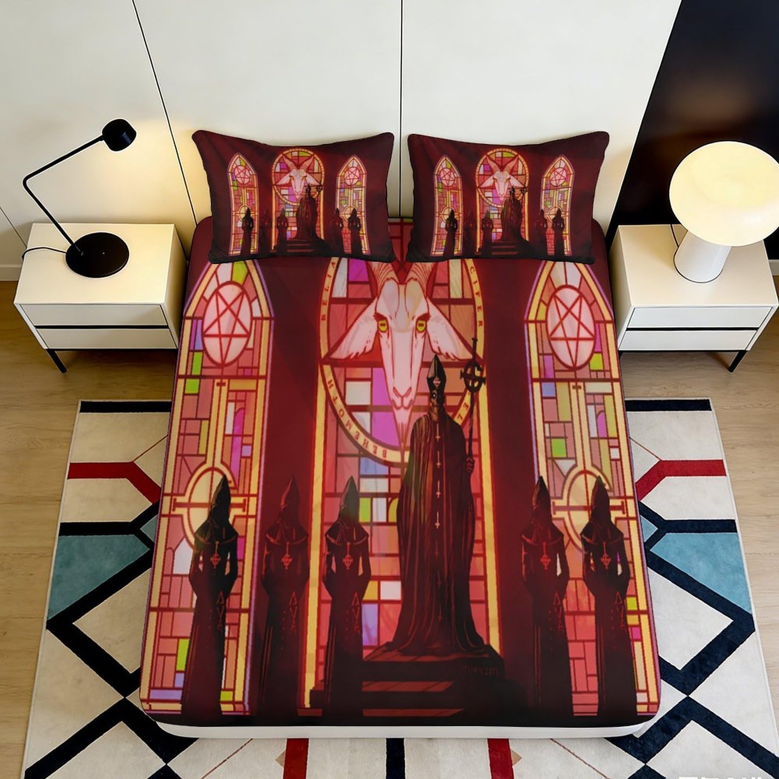 3D Printed Gothic Red Microfiber Fitted Sheet with Goat Skull Pattern 3D Printed Dark Art Bed Cover for Bedroom Dormitory Guest Room 160x200x25cm