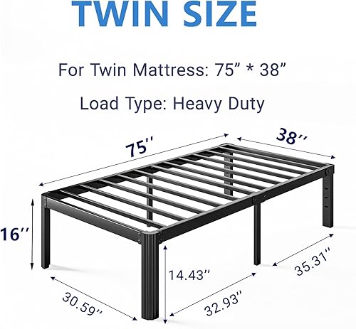 Miniatura 36 de Marco de cama de metal de alta resistencia de 16 pulgadas, marco de cama de plataforma tamaño matrimonial, no necesita somier, sin ruido, fácil