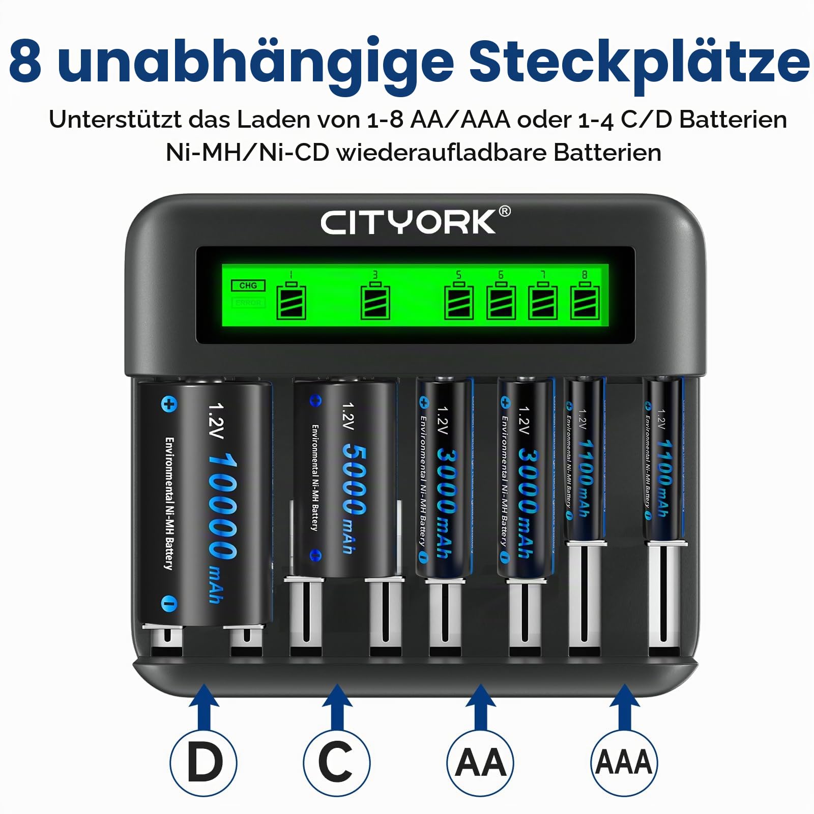 CITYORK Akku Ladegerät mit 6 D Cell 10000mAh wiederaufladbare Batterien mit 8 Slots Batterie Ladegerät für AA AAA CD NI-MH Akku LCD Anzeige