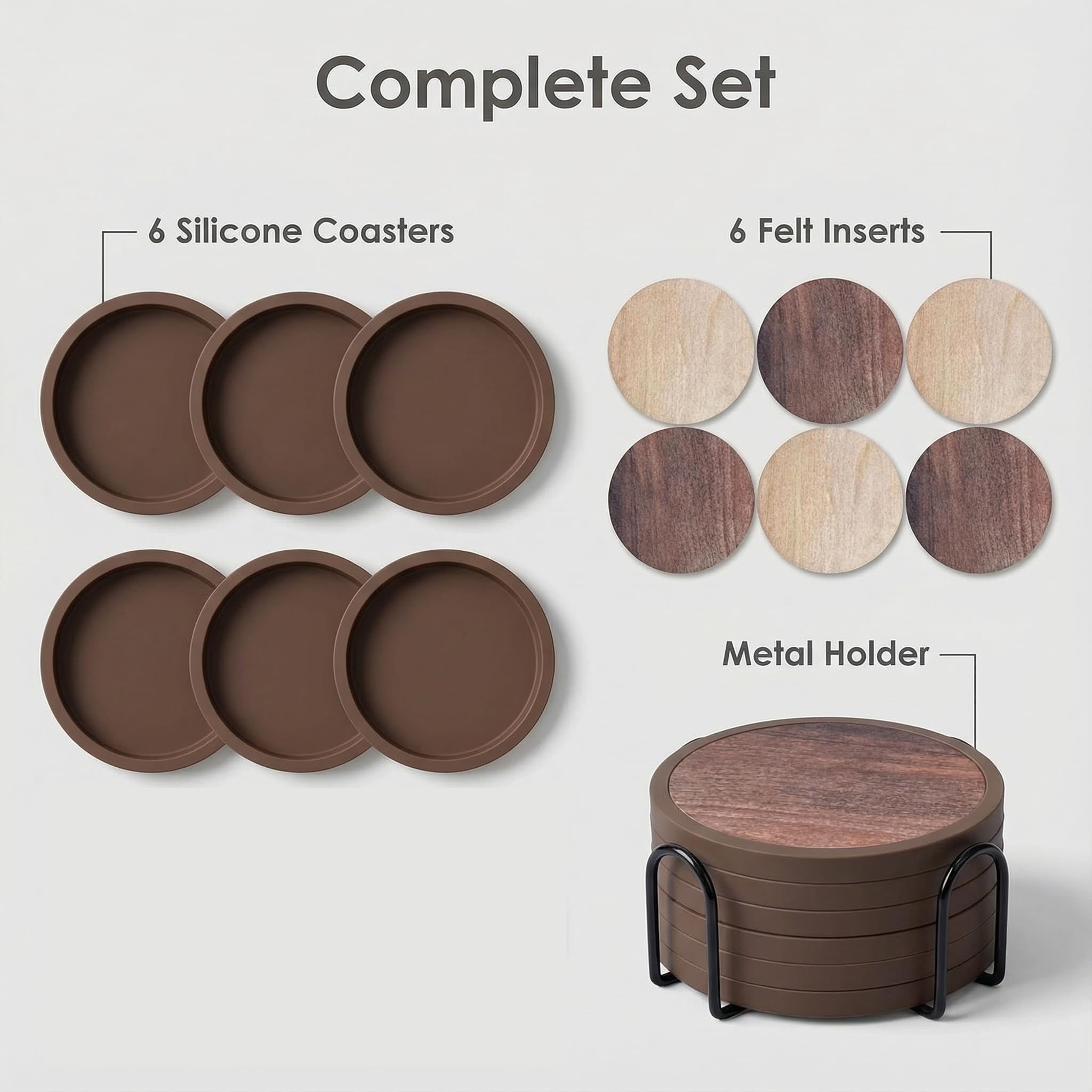 Sottobicchieri assorbenti per bevande con supporto, confezione da 6, in silicone con inserto in morbido feltro (sottobicchieri da 10,9 cm con supporto da 11,4 cm, stile legno)