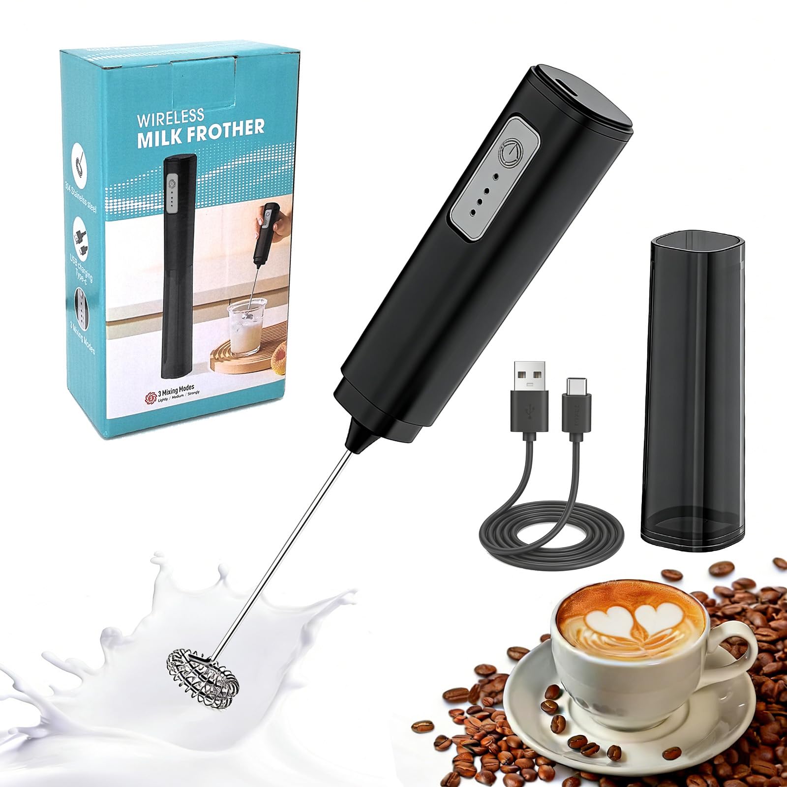 Elektrischer Milchaufschäumer Handheld Milchschäumer Stab USB-C Wiederaufladbar Schnellschaum Kleiner Mixer für Cappuccino, Matcha Latte, Protein, Heiße Schokolade, Milchkaffee, Mischgetränk Küche, Haushalt & Wohnen