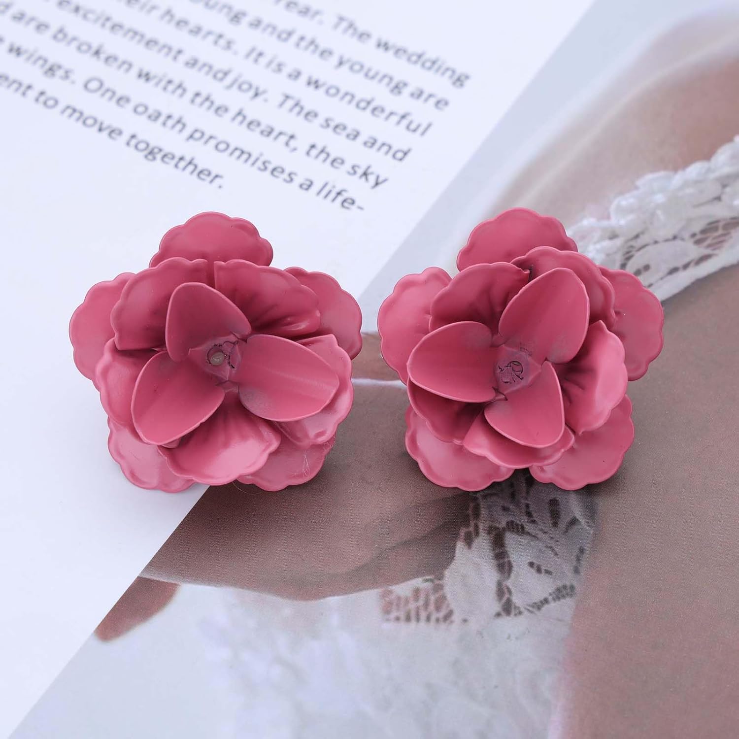 Boho Pink Flower Earrings Acrylic Flower Floral Earrings Wedding Bridal Floral Petal Earrings Vintage Camellia Flower Earrings for Women - Image 4