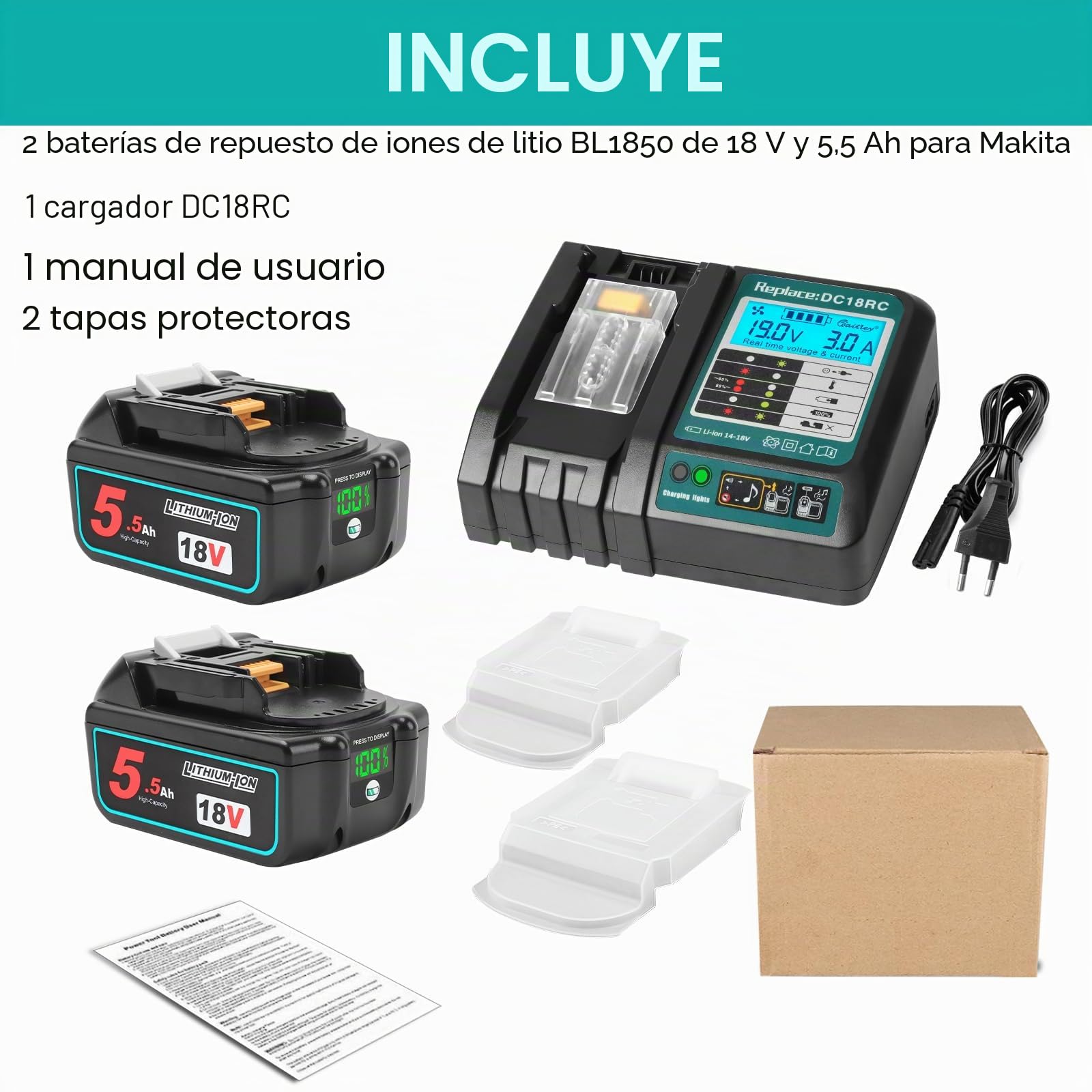 Powarobor 2X 18V 5.5Ah Batería y Cargador Compatible con Makita LXT | Cargador DC18RC compatible con baterías Makita 18V BL1830, BL1830B BL1860B BL1850B y todas las herramientas Makita 18V LXT.