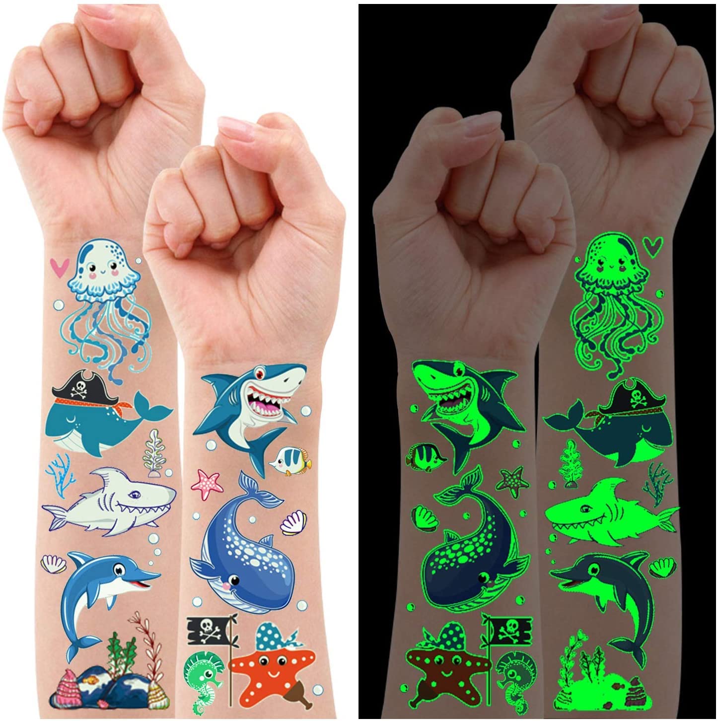 130 Styles Luminous Shark Temporary Tattoos for Kids, Glow Shark Birthday Decorations Party Favors Supplies for Boys and Girls, Ocean Under Sea Fake Tattoo Stickers Gifts (10 Sheets)