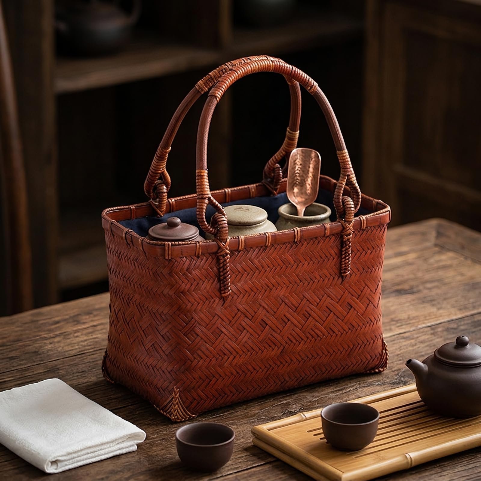 Cestino in Bambù Intrecciato Borsa Cestino Porta Accessori Contenitore Organizer con Manico Struttura Aperta Interno Foderato in Bambù Adatto a, style to 3