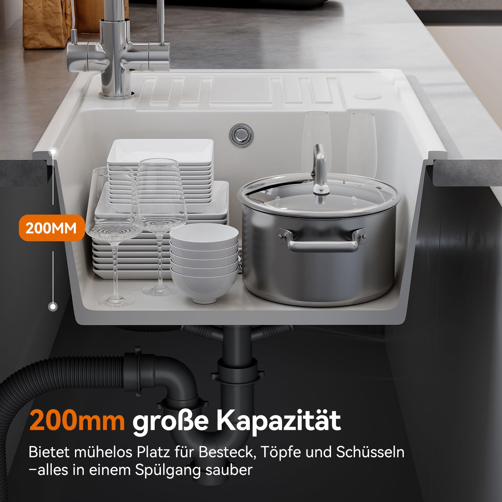 HOROW Küchen Spülbecken mit Abtropffläche inkl. Siphon-Set 57×45cm Weiß | Küchenspüle für Links und Rechtsmontage geeignet, Hoher Quarzanteil, Langlebig, Geräumig, Kratzfest, Einfache Montage