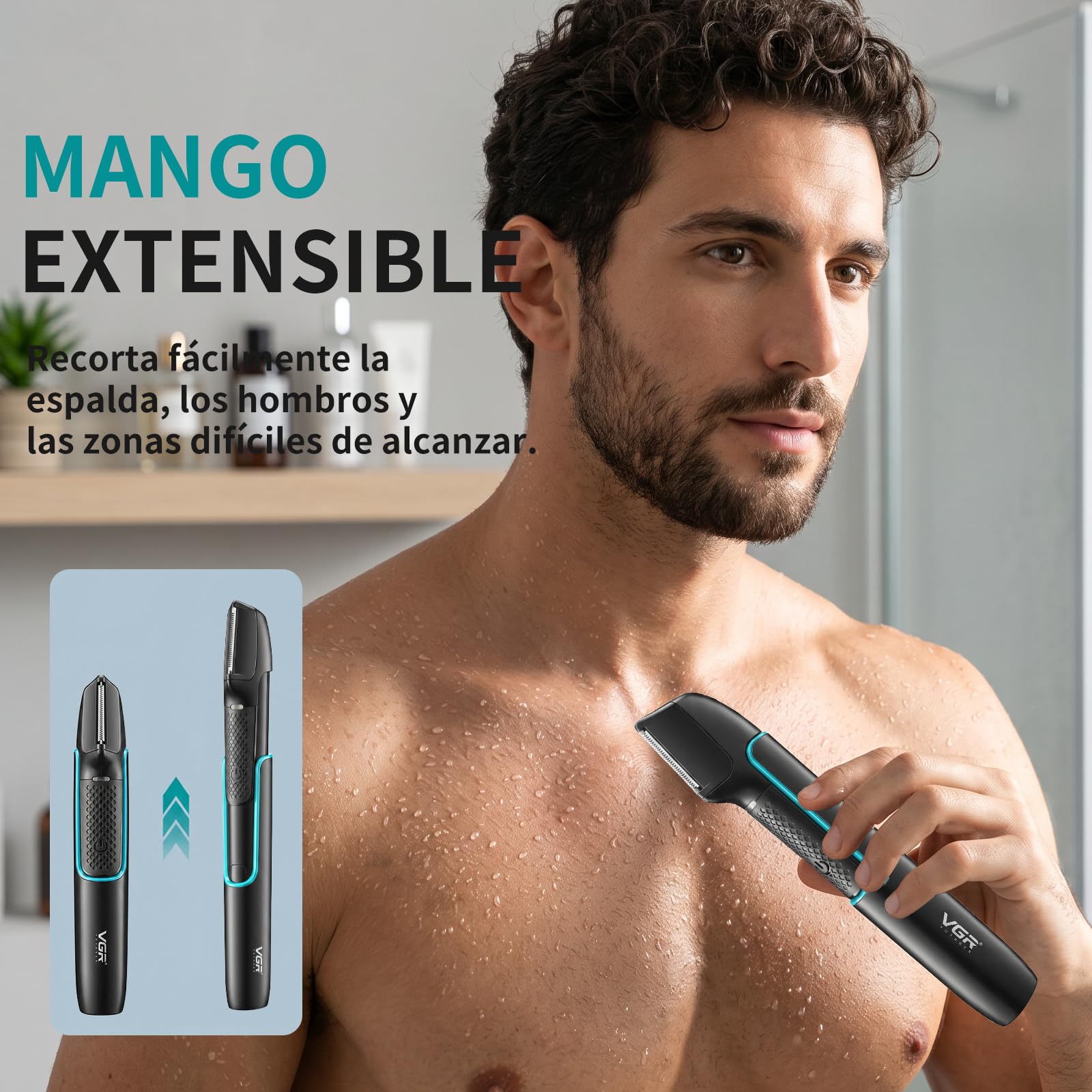 VGR 602 Afeitadora Corporal para Hombre, Cabezal en V, Extensible, IPX6 | Body Groomer con Diseño de Varillas Extensibles, Recortador con 4 Accesorios, Carga USB