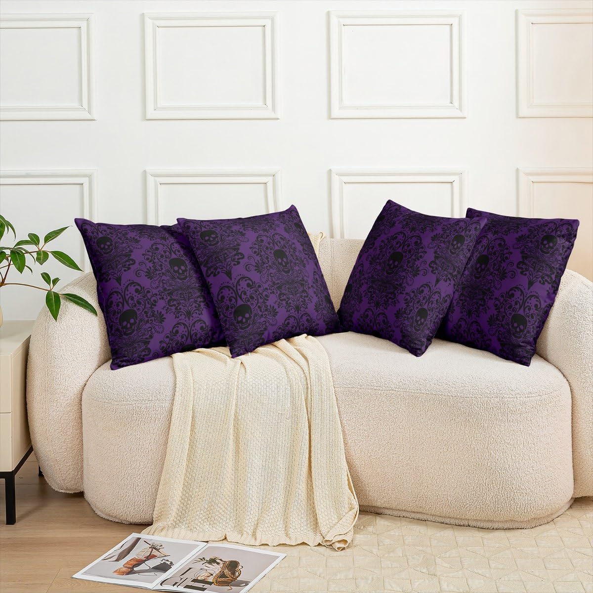 Feelyou Gothic Skull Throw Pillow Covers Set of 2 Damask Print Decorative Pillowcase Goth Bohemian Cushion Covers for Sofa Couch Bed Black Purple Cushion Case Home Decor 24 x 24-Inch