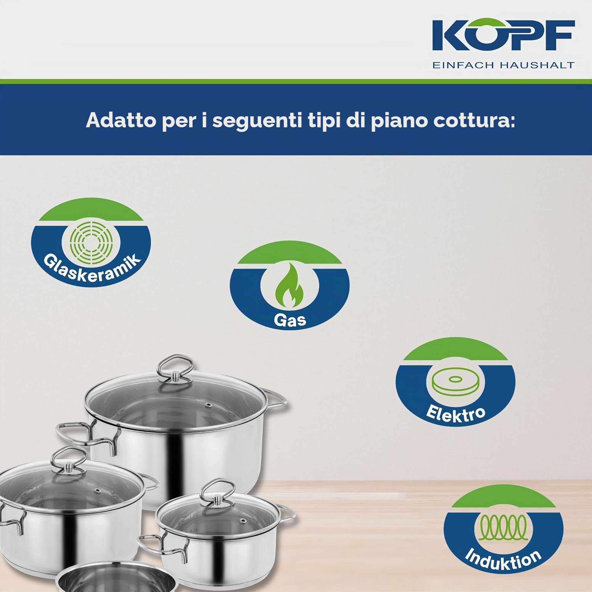 Kopf set di pentole in acciaio inossidabile - pentole a induzione con bordo di versamento, scala litri e coperchio di vetro - 4 pezzi