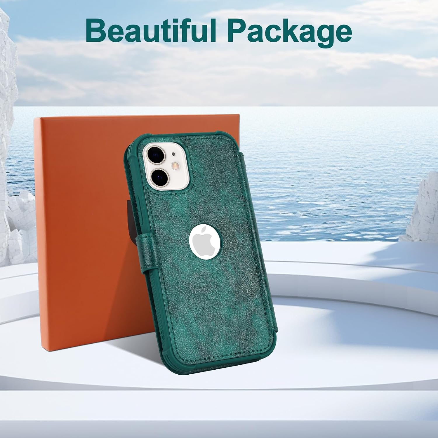 VANAVAGY Compatible for iPhone 12/12 Pro Wallet Case for Women Men, PU Leather Flip Phone Cover with Wristlet for Wireless Charging with RFID Blocking Card Holder Screen Protector,Midnight Green