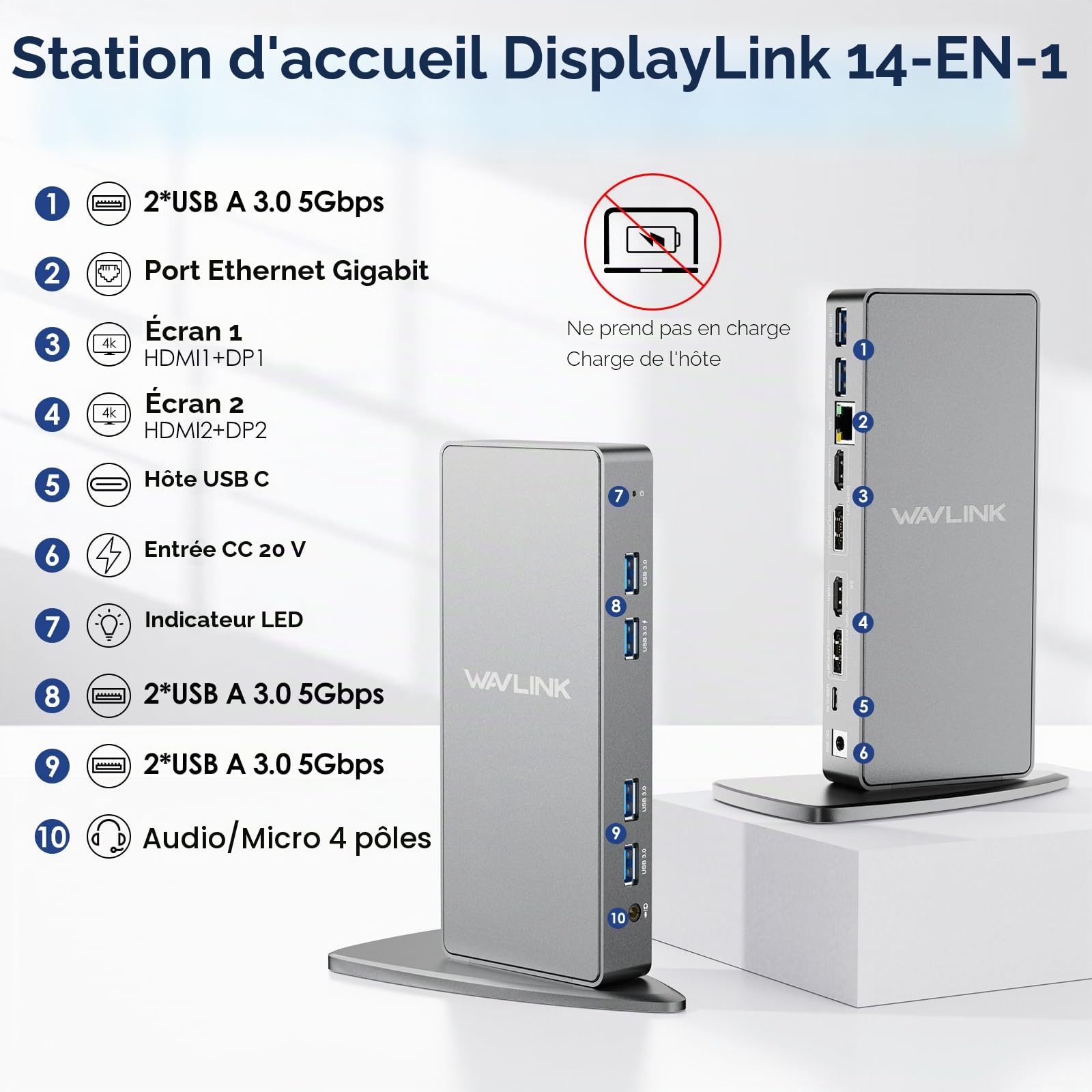 WAVLINK Station d'accueil USB C / USB3.0 Double 4K Affichage Compatible avec Windows et Mac OS (Dual 4K DisplayPort & HDMI, Gigabit Ethernet, Audio, 6 Ports USB)