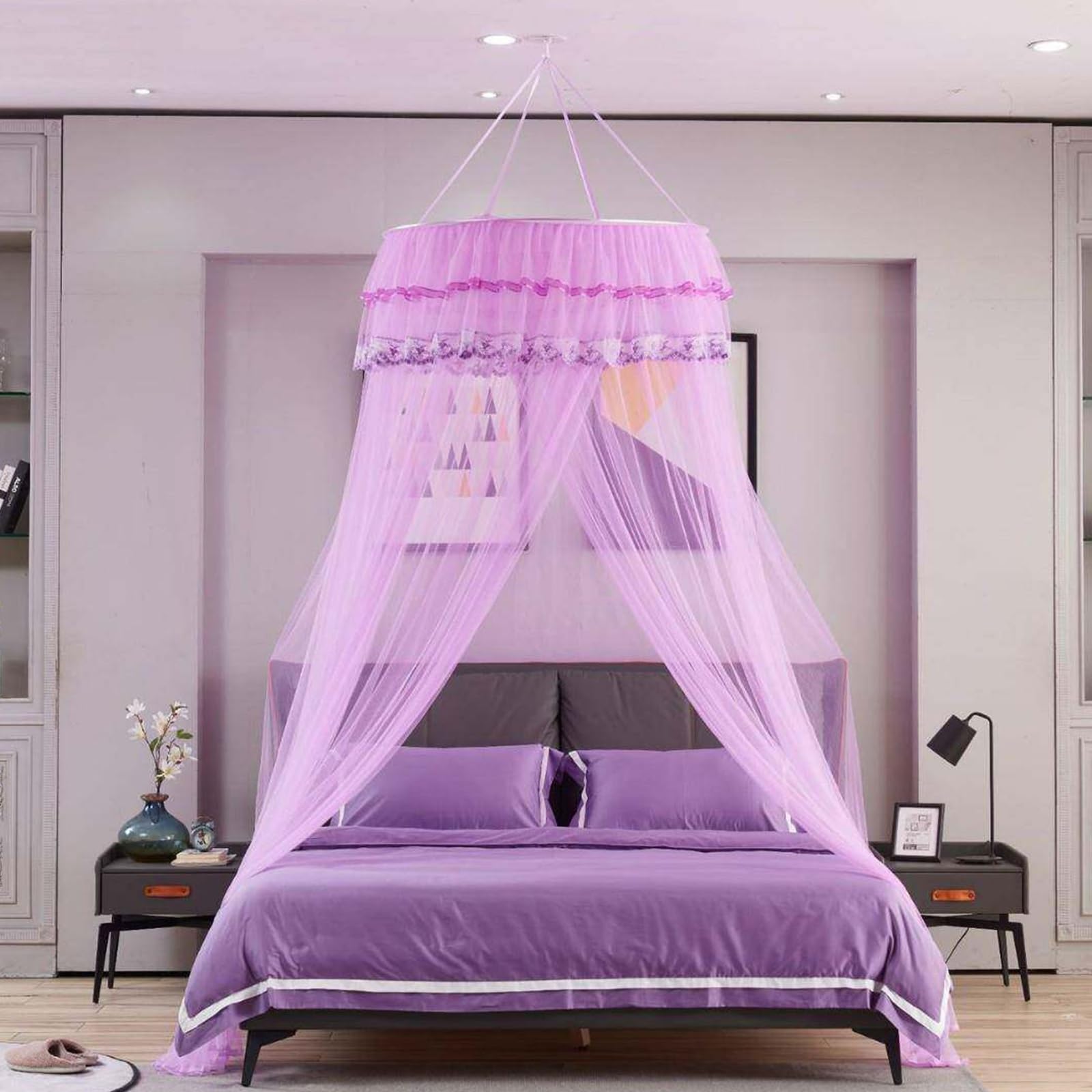 SARKEY Tulle Mesh Round Bed Canopy,Princess Beds Canopys For Girls,Floor-standing Mosquito Net,Cozy Drape Netting,Hanging Reading Nook,Ceiling,for Women Adults Bedroom Decoration(Purple)