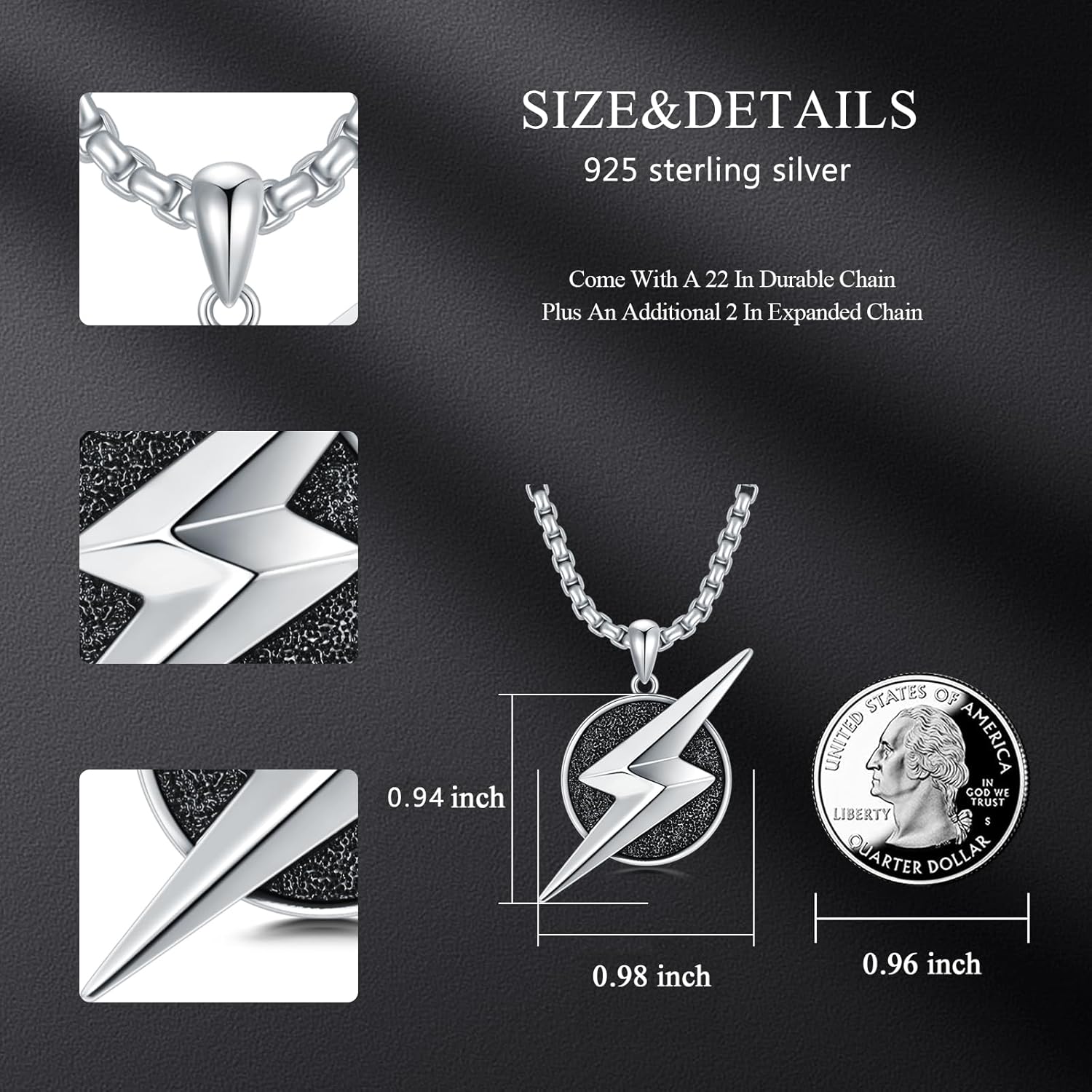 Lightning Bolt Necklace 925 Sterling Silver/18K Gold Plated/Black Lightning Jewelry for Men, with Stainless Steel Chain 22+2 Inch - Image 5