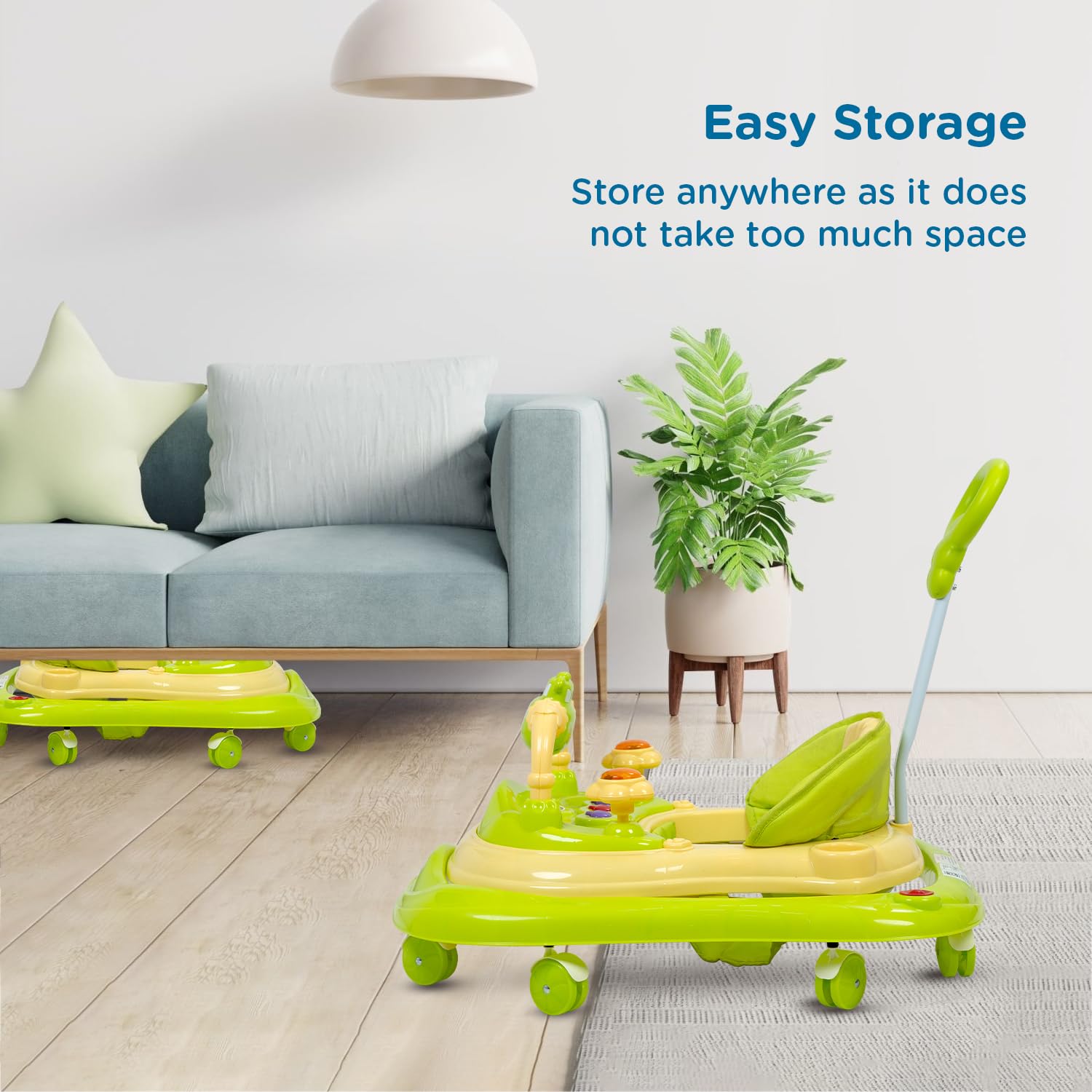 Mee Mee 360° Baby Activity Walker | 3 Level Adjustable Height, Foot Mat, Musical Detachable Toy Bar | Parental Push Handle, Anti-Rollover Folding Walker for Boys, Girls, Kids | 6-18 Months 15kg-Green - Image 6 thumbnail