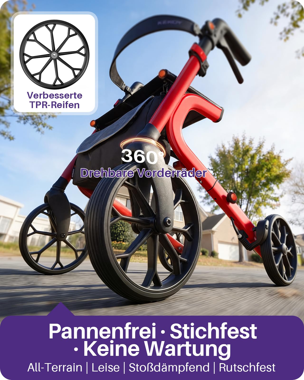 Kekoy Bariatrischer Rollator faltbar mit Sitz für Senioren, 226 kg Traglast | Auf allen Geländen. Aluminium höhenverstellbarer Outdoor Rollator mit 50 cm Sitzkissen, Lehne, Stauraum & Becherhalter, Rot