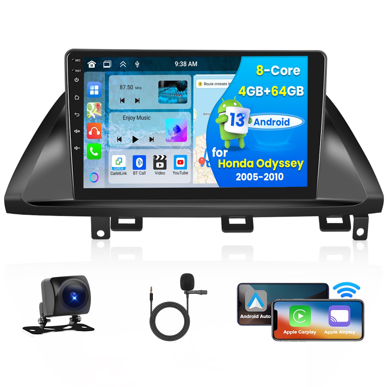 Android 13 Car Stereo for Honda Odyssey Radio 2005-2010, 8 Core 4G RAM+64G ROM, 10.1 Inch 1280x720 Resolution Screen, Wireless Carplay Android Auto 32EQ DSP GPS SWC