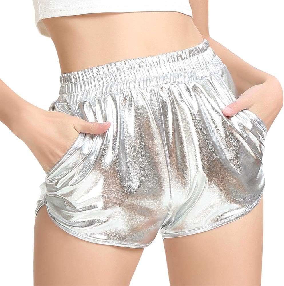 Women's Metallic Shorts Elastic Waist Shiny Sparkly Rave Pants