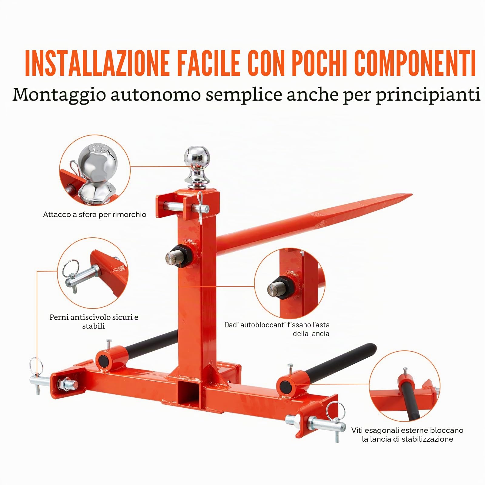 VEVOR Raccoglitrice per Balle di Fieno Capacità di Carico max. 725kg Forca per Balle 1250mm 3 Denti, Forche Chiodate Attacco per Benna con 2 Stabilizzatori per Trattori, Minipale, Agricoltori, Campi