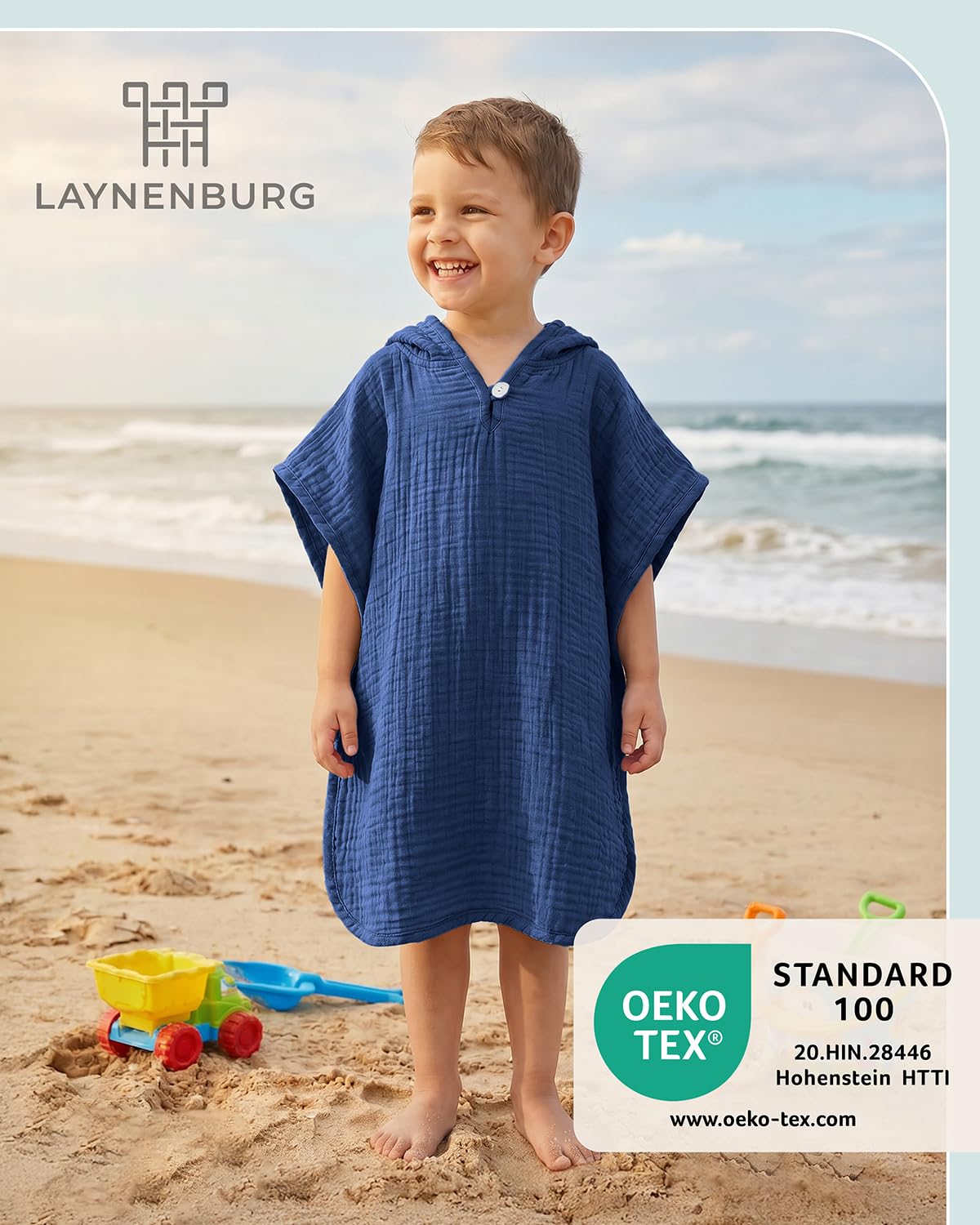 LAYNENBURG Premium muślinowe ponczo kąpielowe dla dzieci z kapturem – 100% bawełna – Öko-Tex – ręcznik kąpielowy dla niemowląt – jako ponczo plażowe, ponczo surfingowe, ręcznik kąpielowy dla dziewcząt