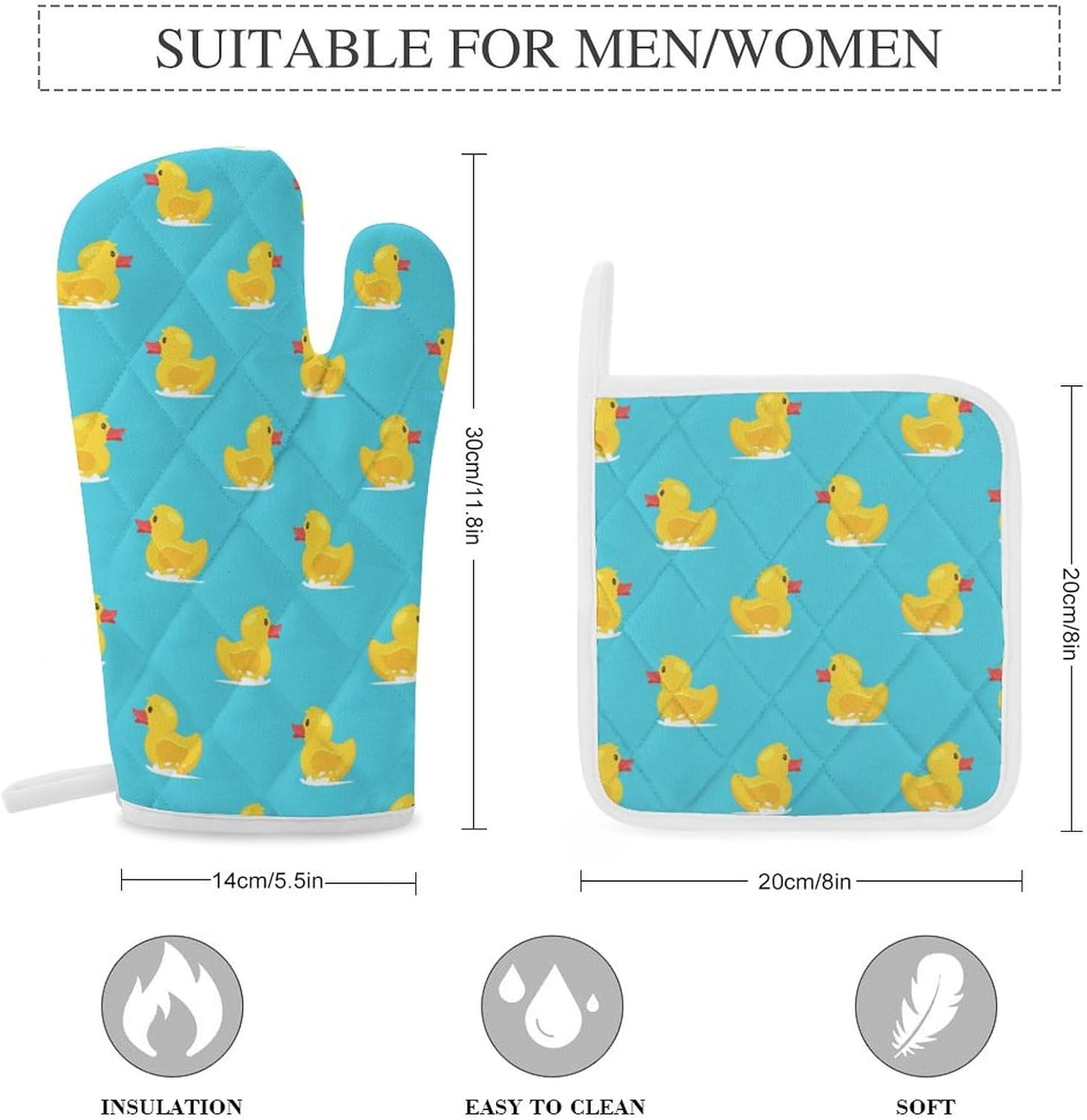 Yellow Rubber Duck Print Oven Mitts and Pot Holders 3 Piece Sets Heat Resistant Gloves Hot Pads Potholders for Kitchen Baking Cooking
