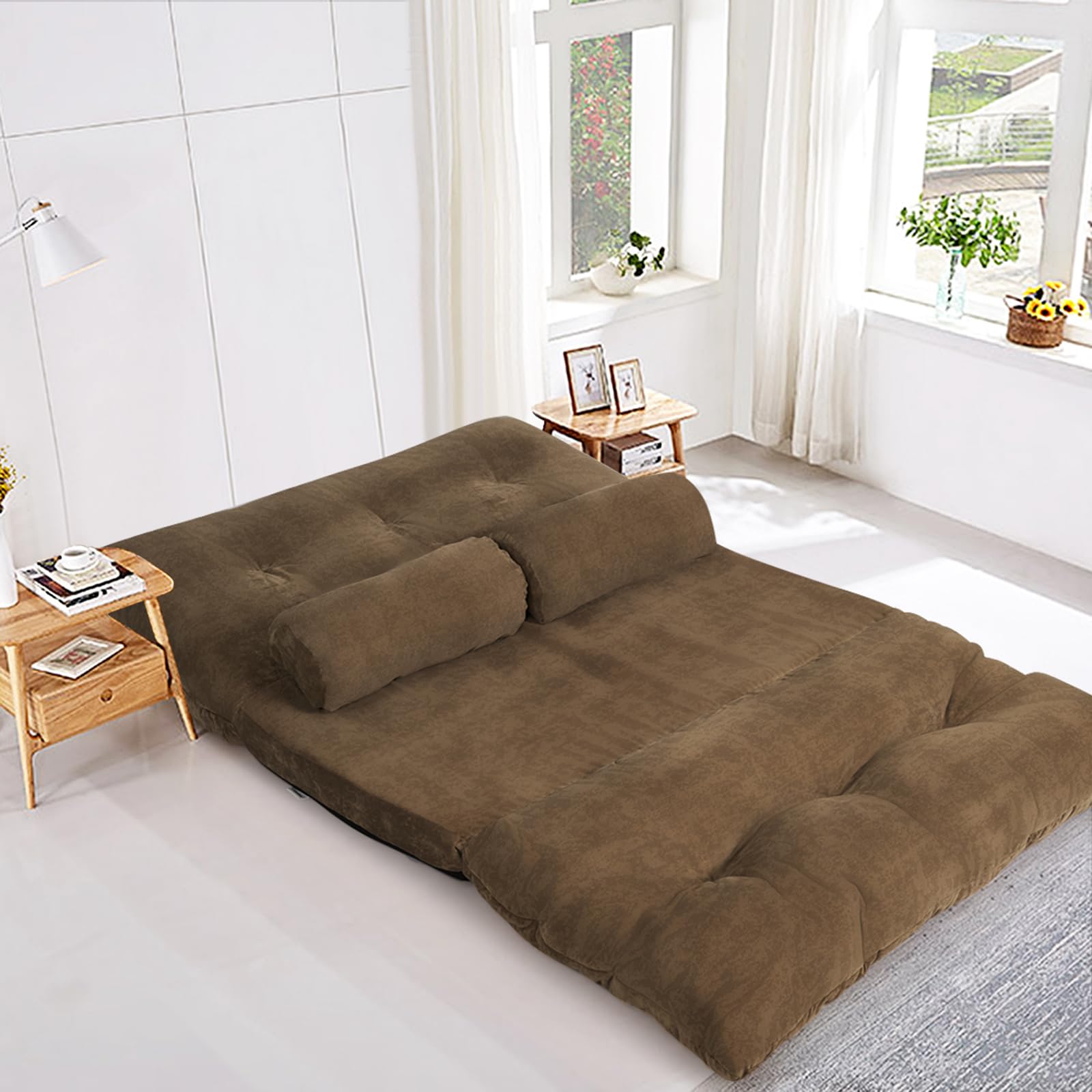 COSTWAY Divano da Terra, Divano Letto Multifunzionale Regolabile in 6 Posizioni con 2 Cuscini, con Fodera in Camoscio per Camera da Letto Salone Balcone (Caffè)