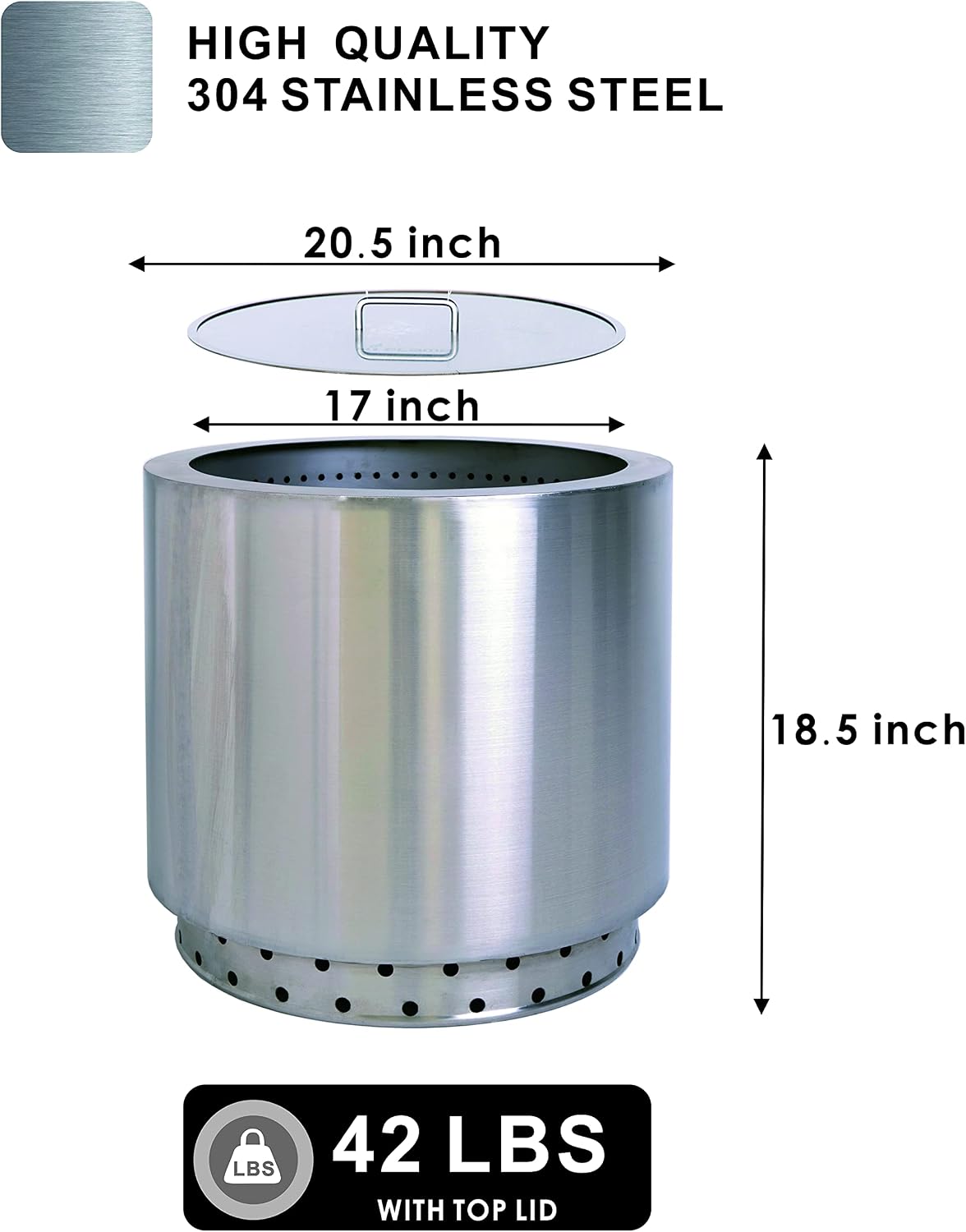 Hi Flame 20.5inch Bonfire Fire Pit Smokeless Stainless Steel Outdoor Firepit Backyard Natural Wood Burning Firebowl No Gas or Propane Required (Large)
