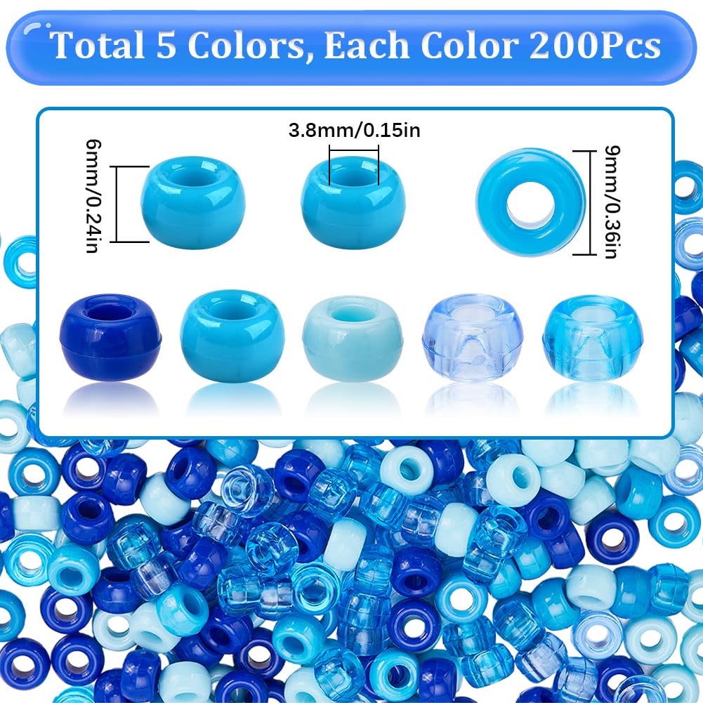 SUNNYCLUE 1000Pcs 6x9mm 5 Styles Pony Beads Blue Pony Beads Bulk Kandi Bead Hair Braid Bead Opaque Transparent Blue Plastic Poney Craft Spacer for Jewellery Making Kits DIY Beading Bracelets Keychains - Image 2