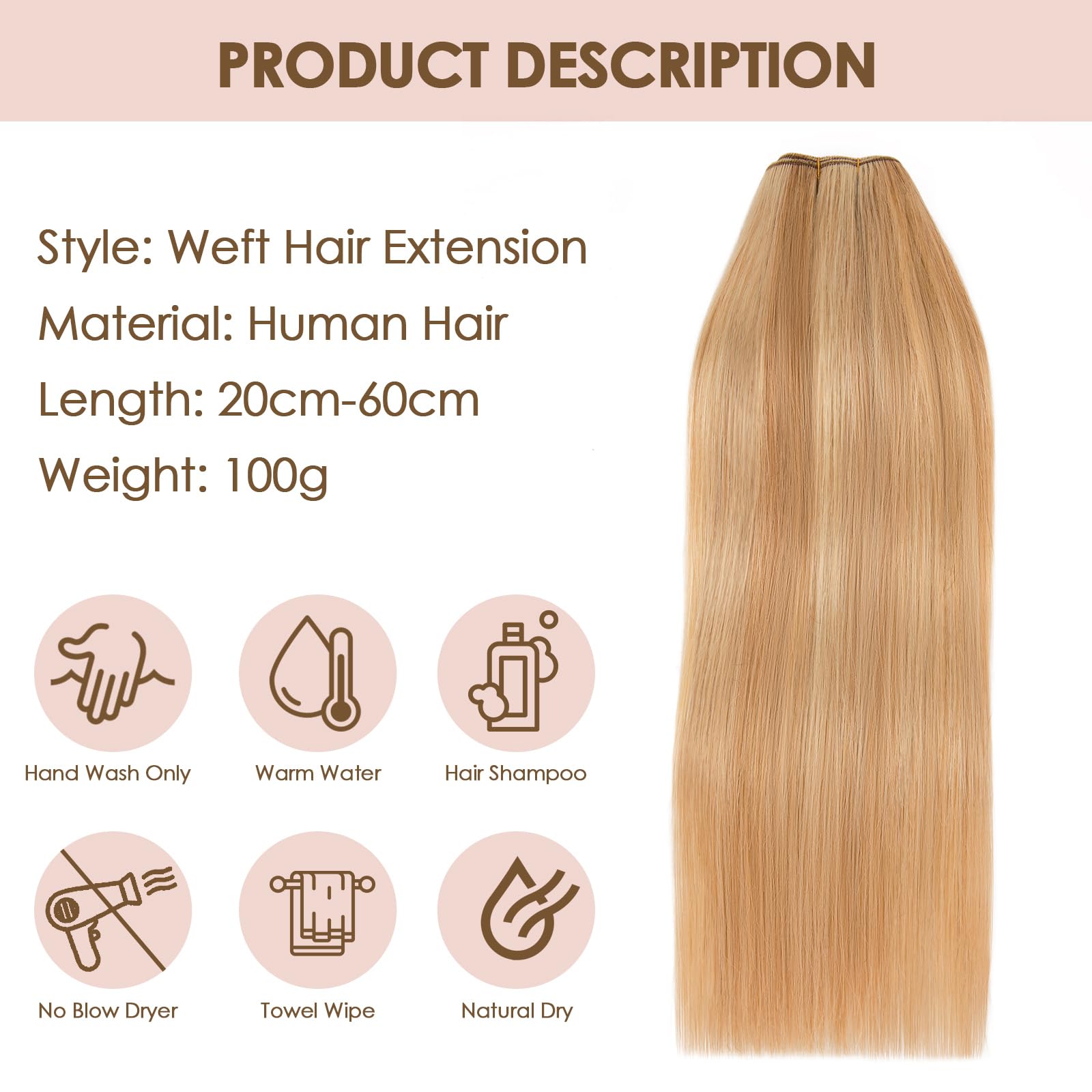 TESS Extensión de cabello humano liso 12RP613R# Marrón claro/rubio claro, 1 paquete (100 g), trama cosida, cabello humano, extensiones pelo natural para mujer, human hair bundle 55cm