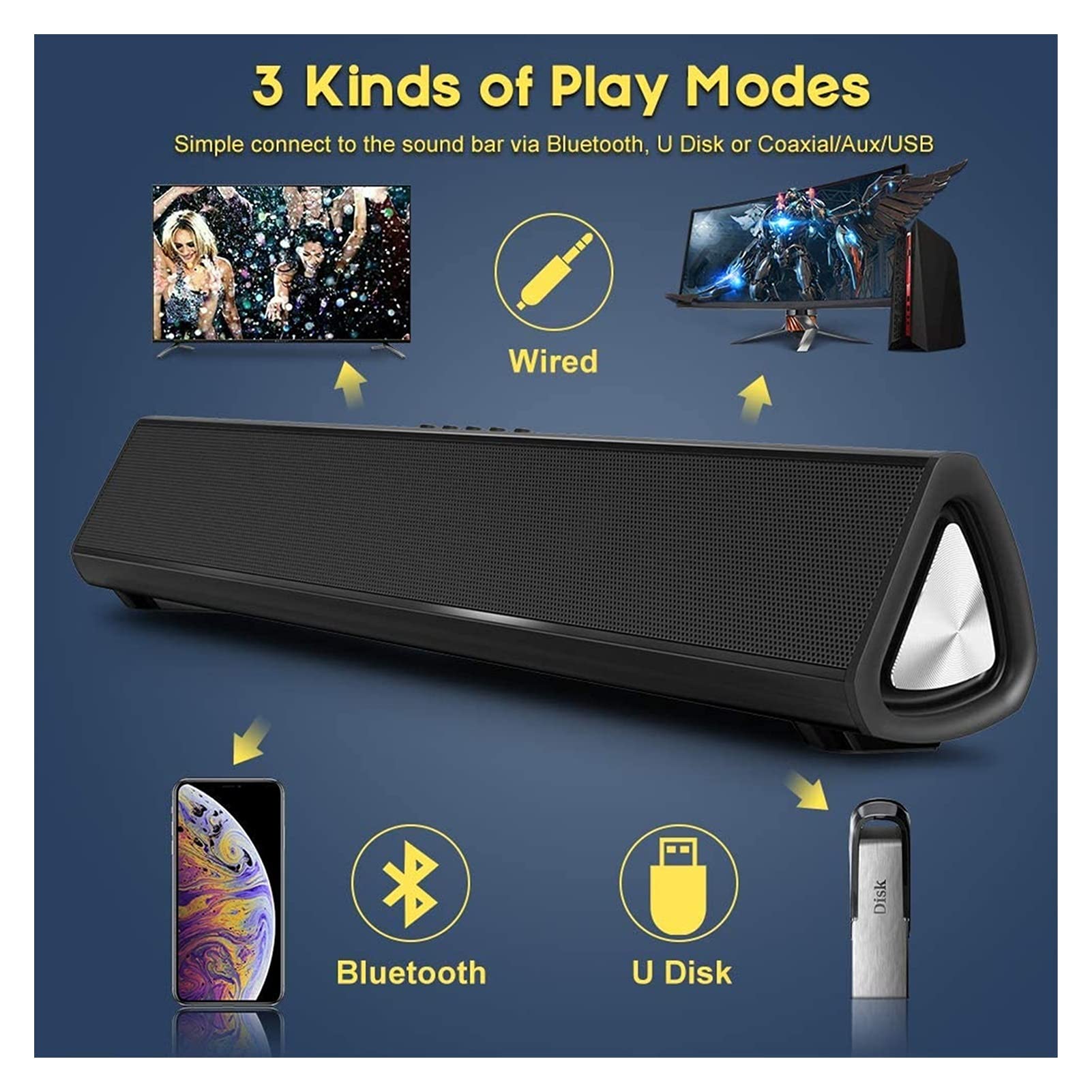 Soundbar Soundbar Per TV, Altoparlante Senza Fili Bluetooth Cablato Home Theater Per Desktop/Laptop/Computer/Proiettori/Smartphone