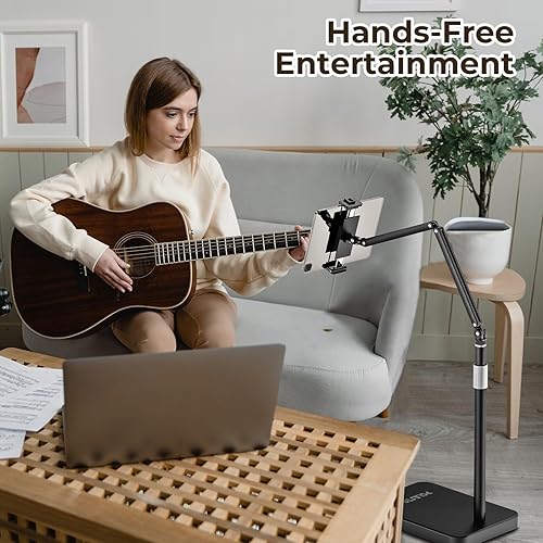 Miniatura 2 de Soporte de suelo para tablet con base de metal pesado de 10.6 libras, altura ajustable, brazo elástico, soporte para teléfono para cama, compatible