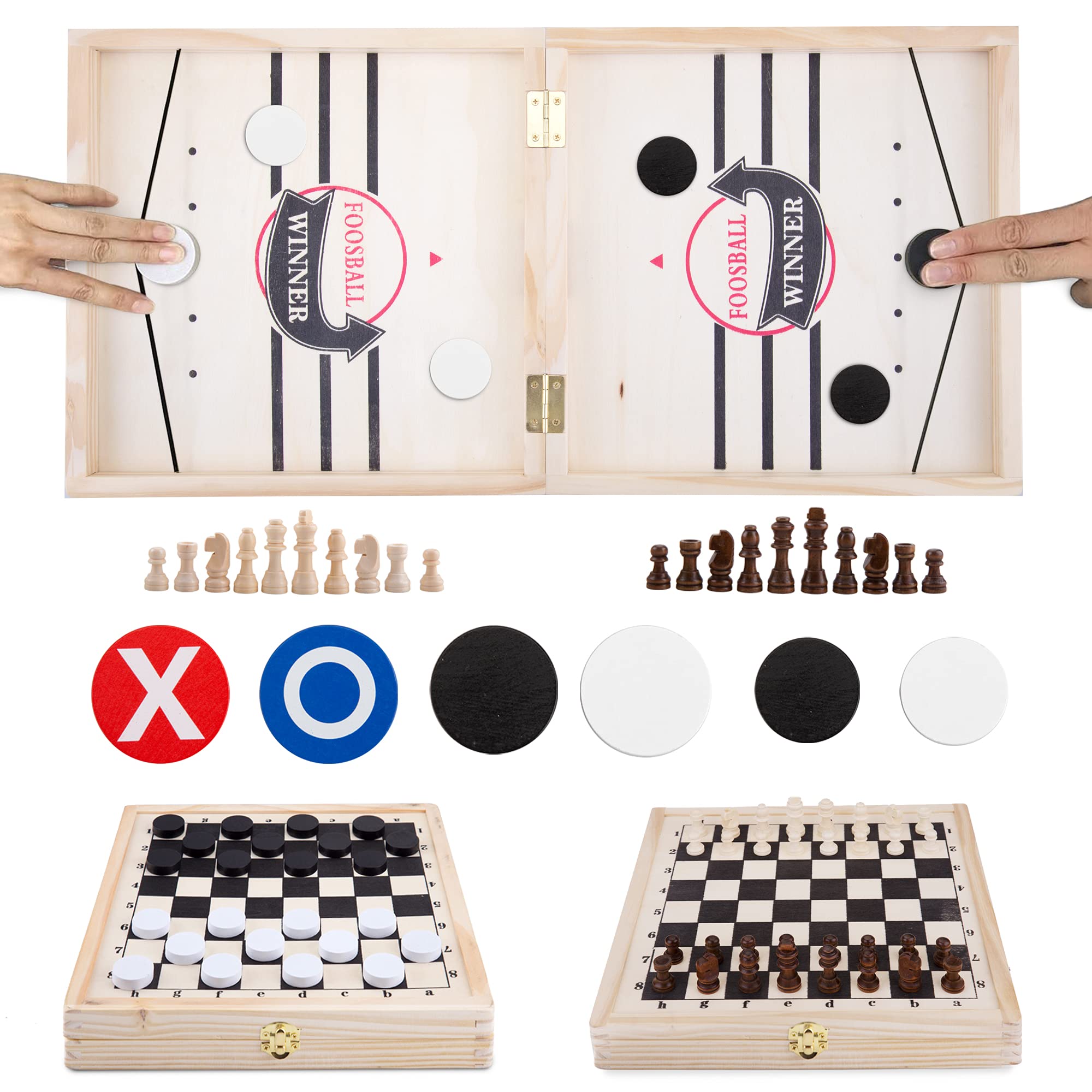 Buy Wooden Chess Set,Fast Sling Puck Game,Checkers and TicTacToe Board Game 4 in 1,Checkers