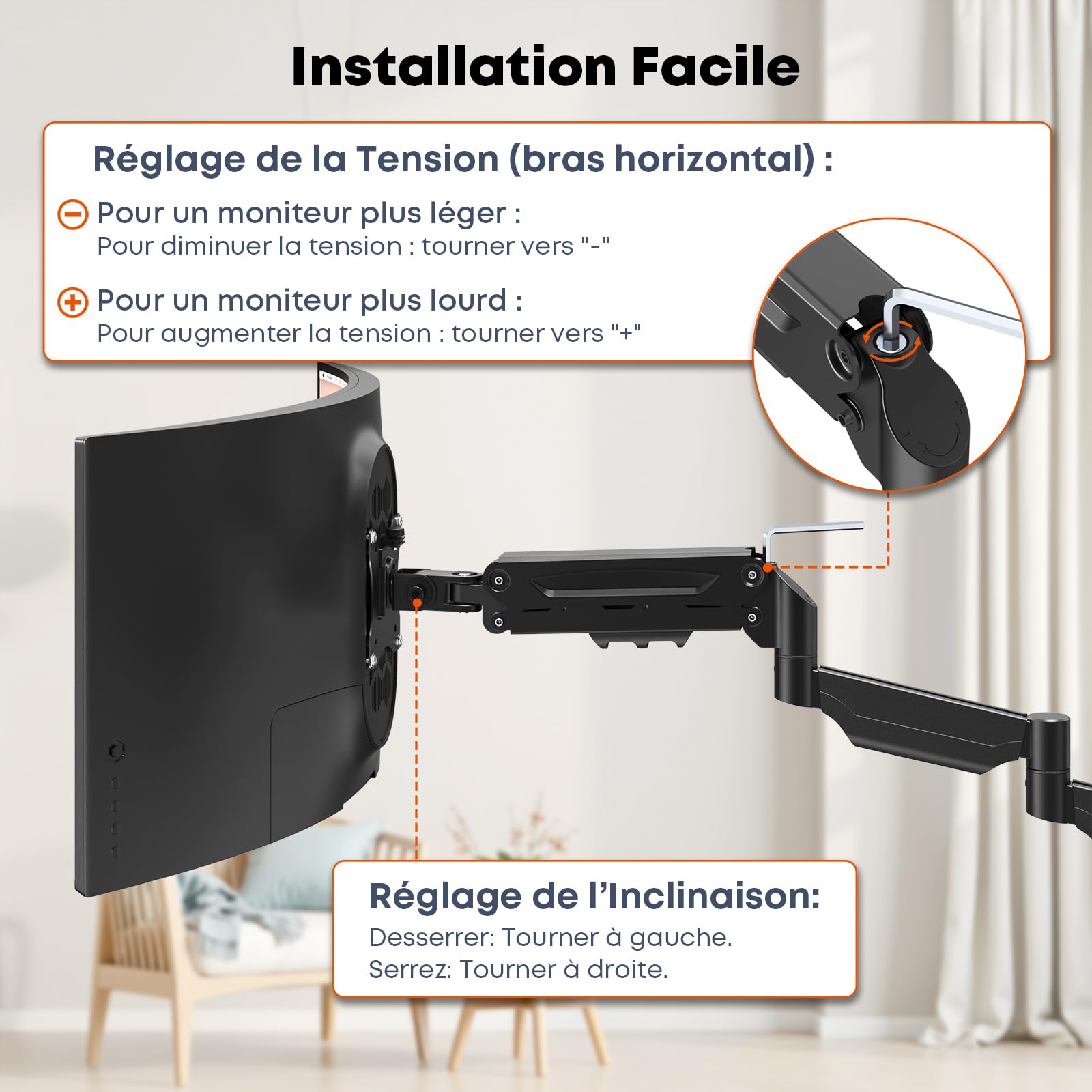 Support mural pour écran de 17 à 32" – Bras mural extra long, support mural Vesa entièrement réglable, VESA 75 x 75/100 x 100, peut supporter jusqu'à 9 kg, noir