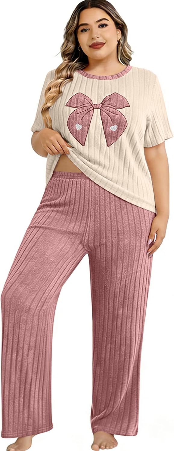 Emilaura Womens Plus Size Pajama Set 2 Piece Short Sleeve with Long Pant Sleepwear Soft & Cozy Bow Loungewear (XL to 5X) - Image 4
