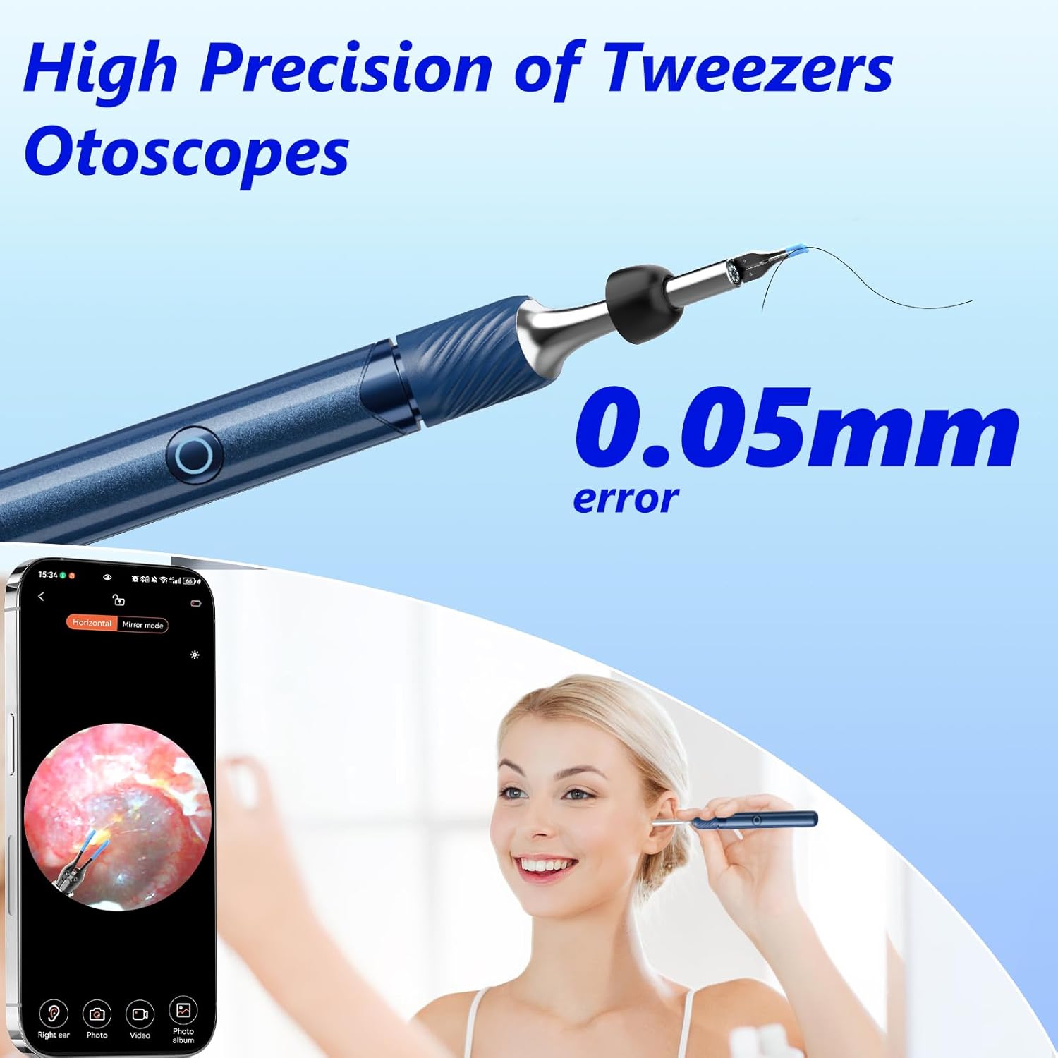 Close-up of the high-precision tweezers with 0.05mm error, and a user operating the device while viewing on a smartphone