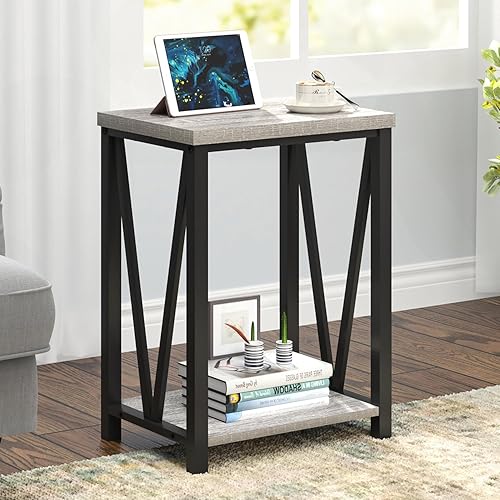 Miniatura 11 de FOLUBAN Mesa auxiliar con estante de almacenamiento, mesa auxiliar rústica para sala de estar, mesita de noche de madera y metal para dormitorio,