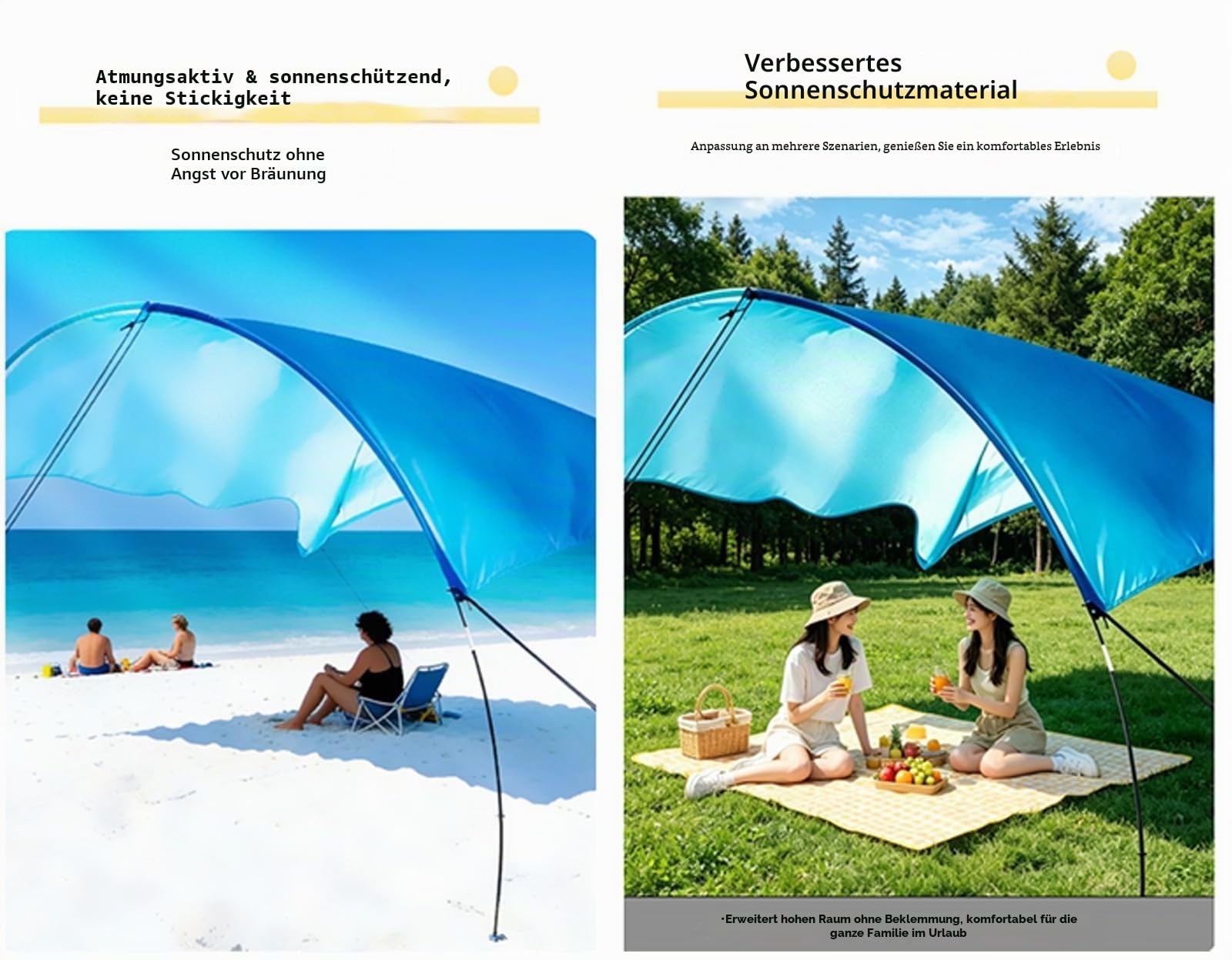 Tragbarer Strand Sonnenschutz, 210T Fallschirm-Nylon reißfest & wasserdicht, 300×300cm/500×300cm Familien-Zelt für 6–8 Personen, Schnellaufbau für Strand, Garten, Pool und Picknick
