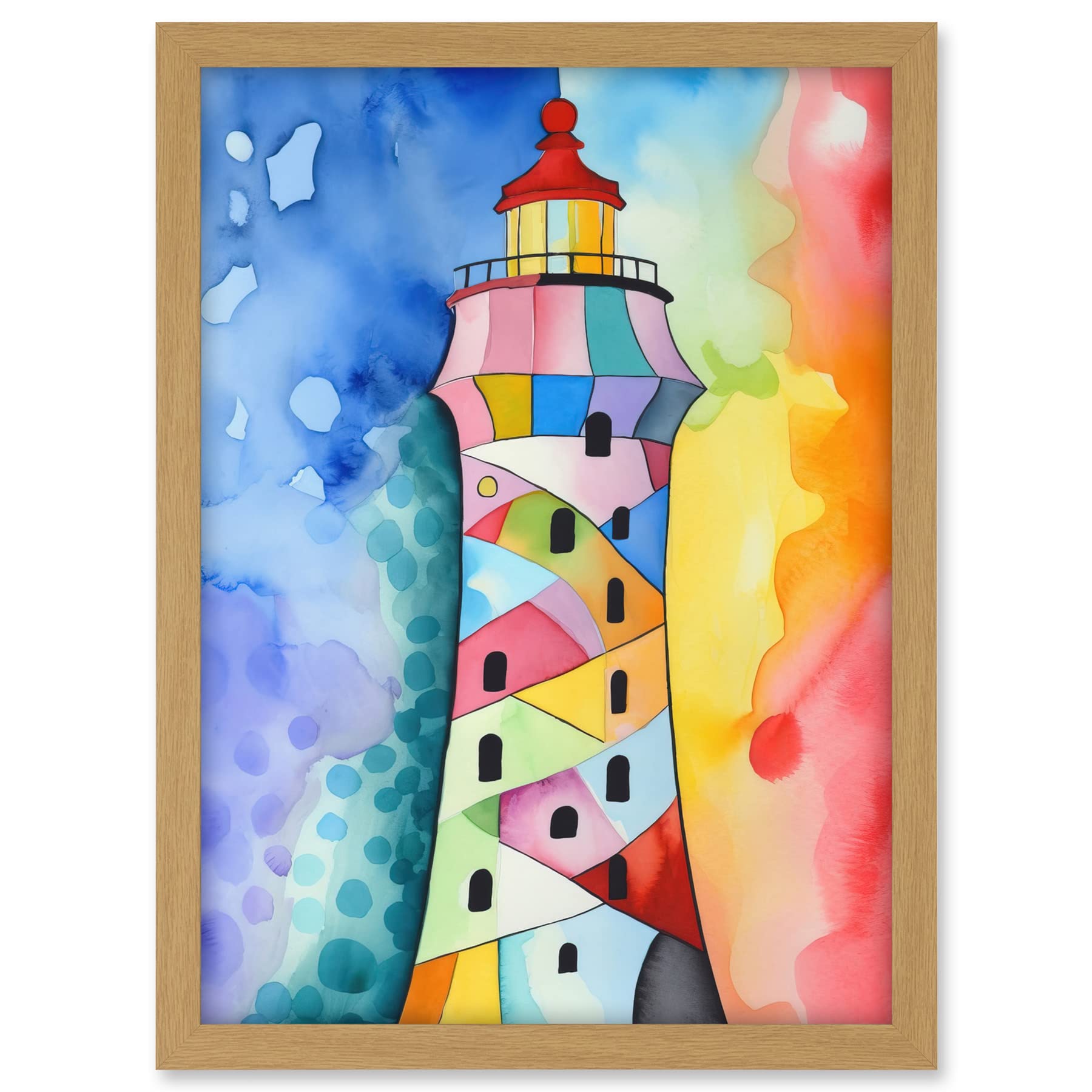 Artery8 Lighthouse Concept With Rainbow Colour Sky Folk Art Watercolour Painting Artwork Framed A3 Wall Art Print