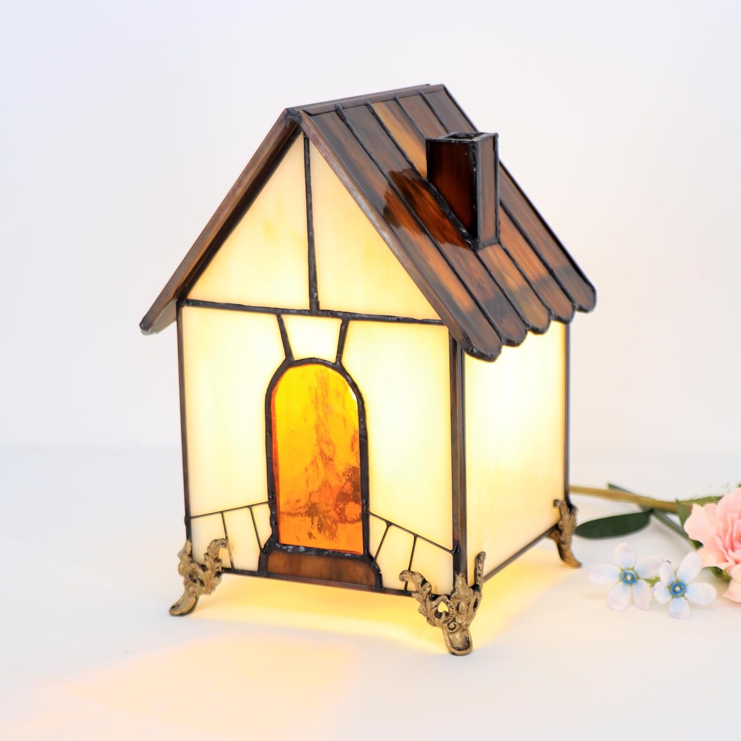 Small Tiffany Stained Glass Style Mini Lighthouse Table Lamp, Retro Decorative Lamp, Suitable for Bedroom Office Home Decoration 4.2X 4.2X 6.7(White Brown)