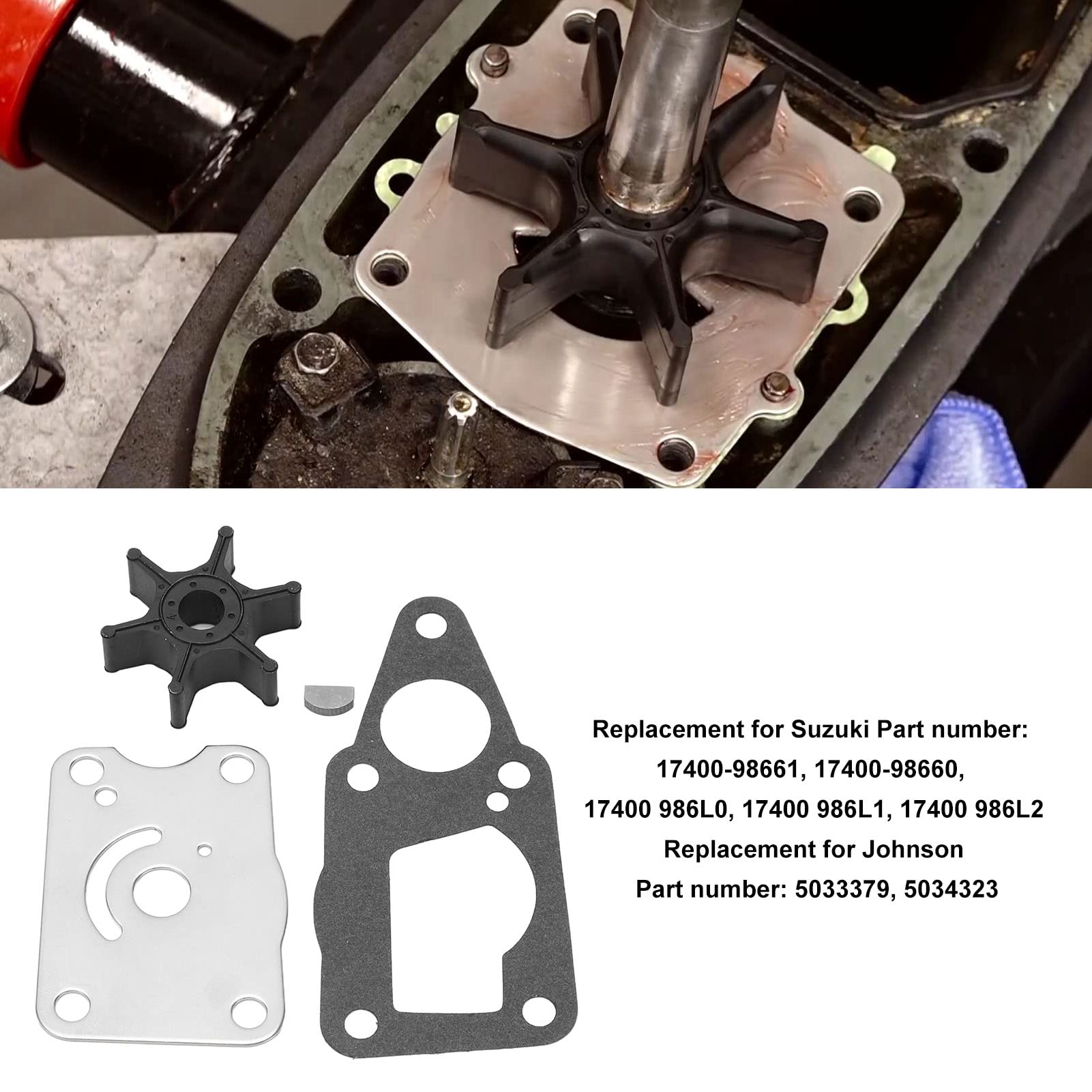 OUKENS Reparatursatz für Wasserpumpenlaufräder, 17400-98661 Wasserpumpenlaufrad-Service-Kit für Suzuki 4-Takt 4 5 PS DF4 DF5 Außenbordmotoren 17400-986L1 17400-98660 5034323 Modelle Sierra 18-3266