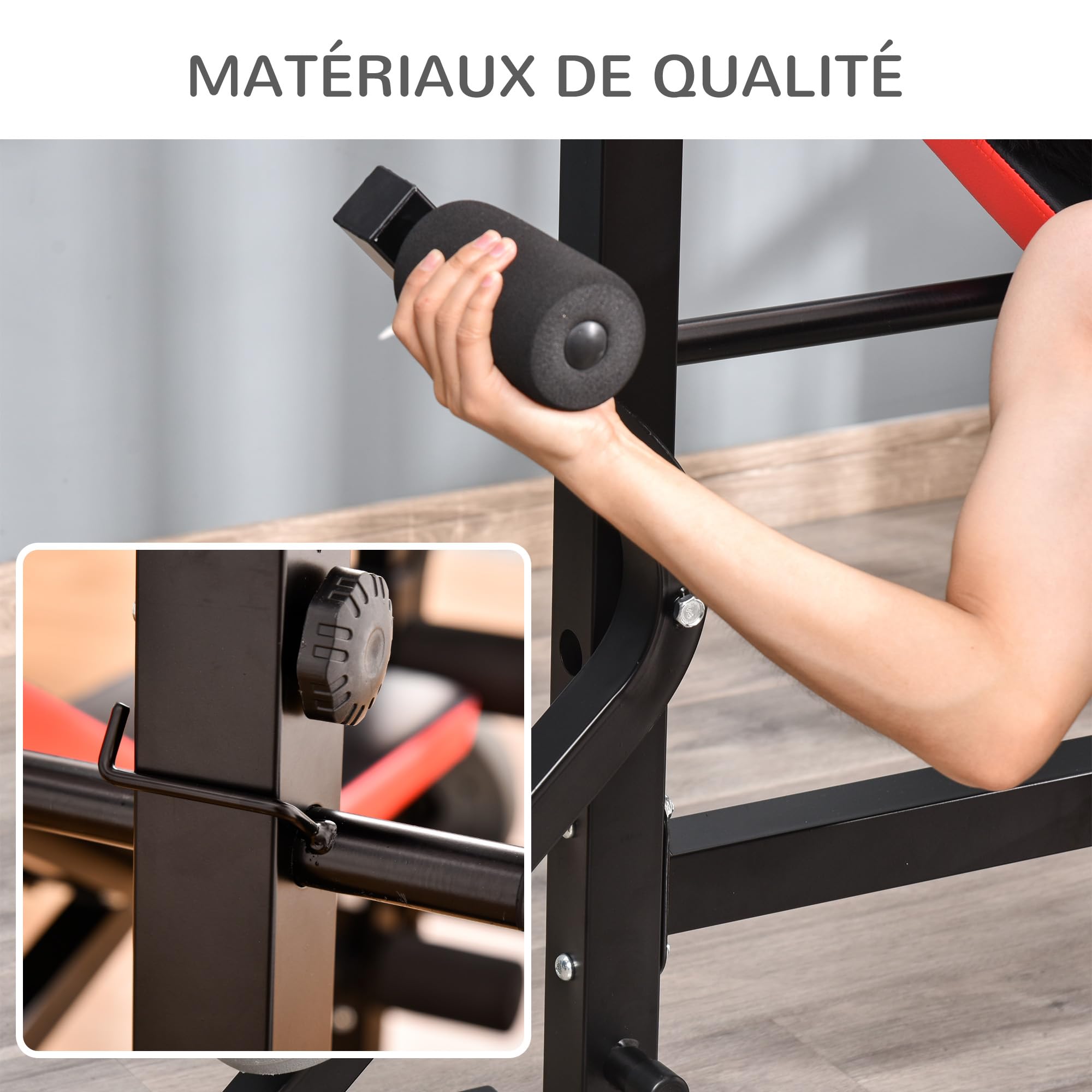 HOMCOM Banc de musculation Fitness entrainement complet avec support d'haltères dossier réglable acier 175 x 139 x 127 cm noir et rouge