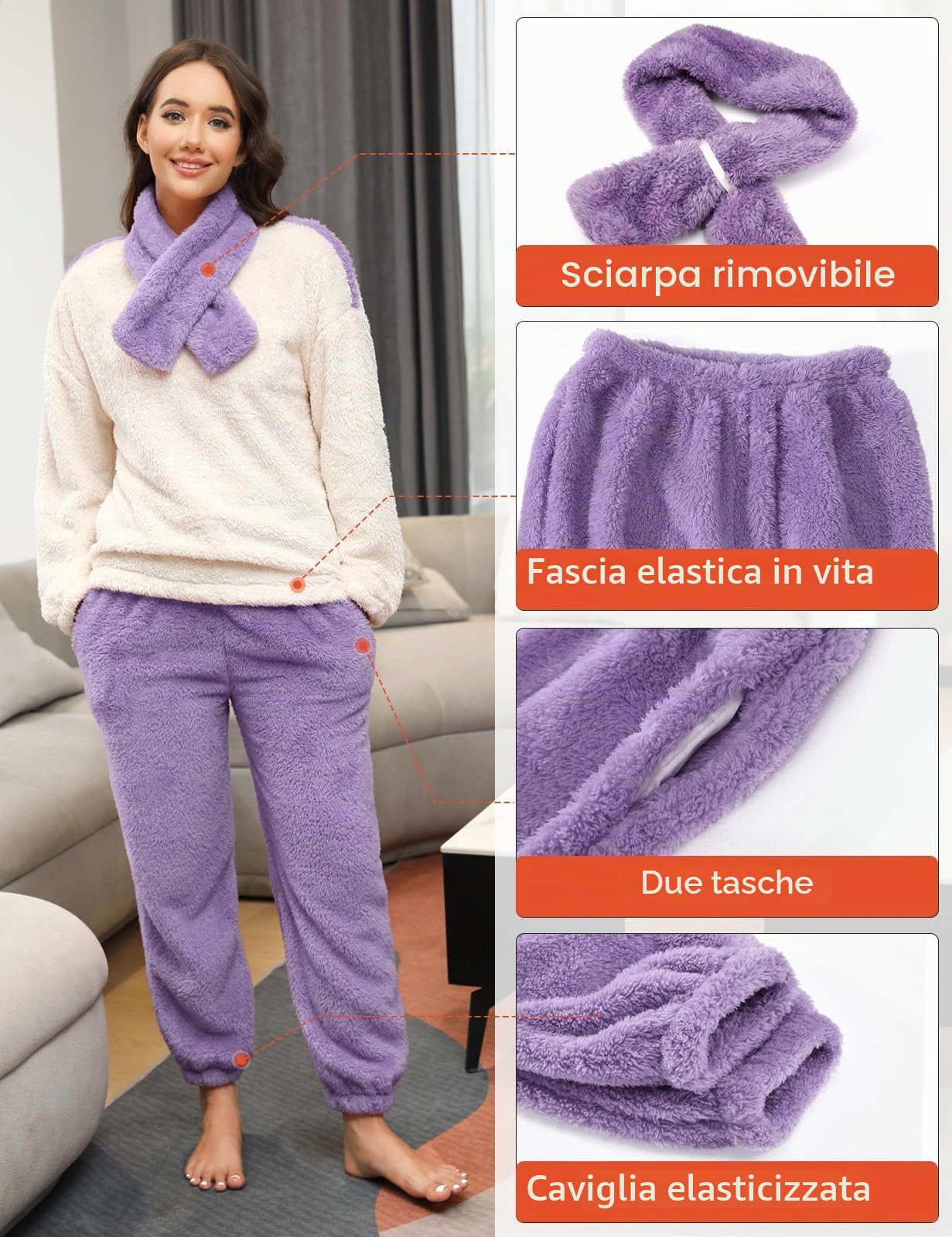 TOMEEK Pigiama da Donna Completo Invernale in Morbido Pile Polare Completo per Il Tempo Libero con Top a Maniche Lunghe Pantaloni e Sciarpa Pigiama Accogliente Pjs da Donna