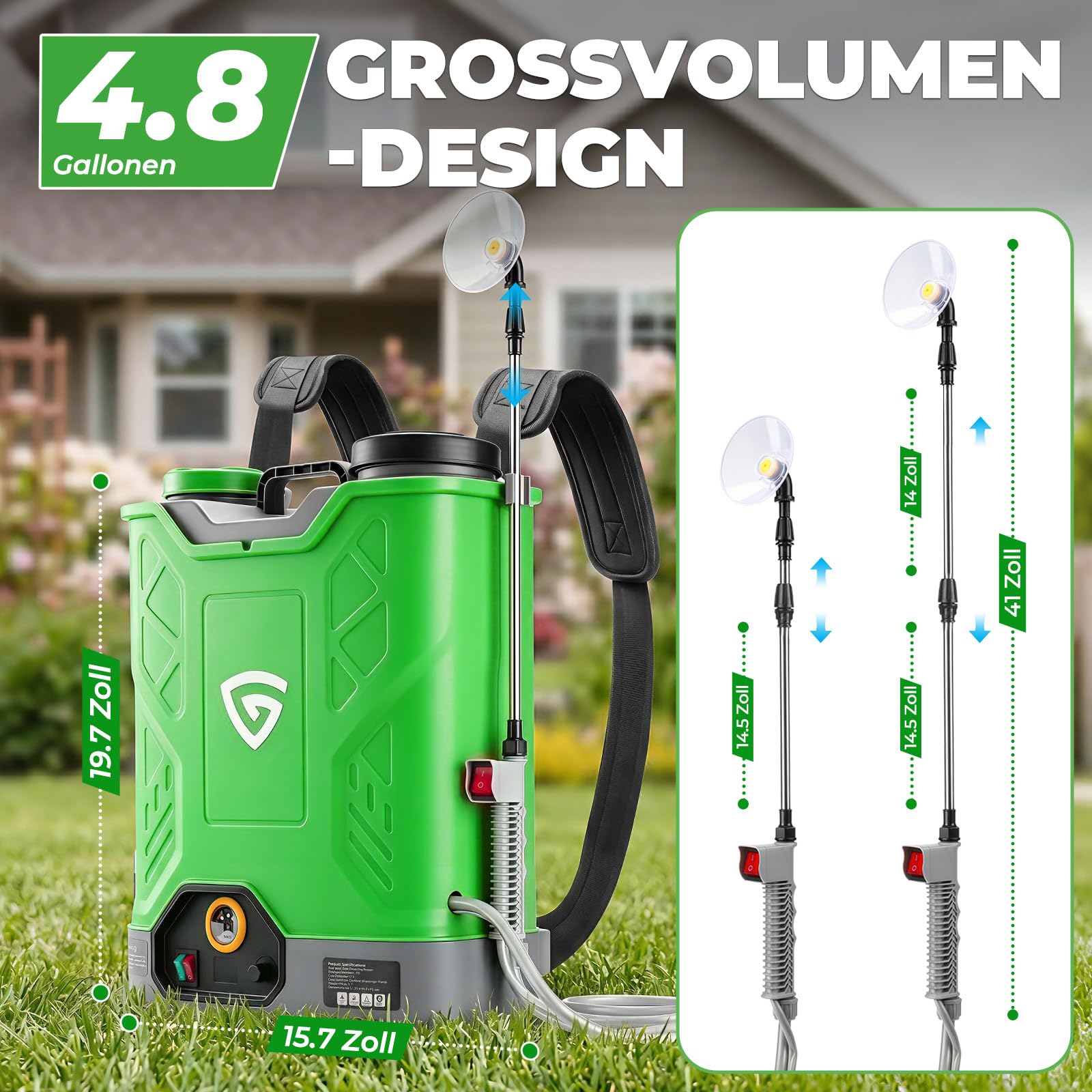 Pulverizador a presión con batería de 18L con 2 baterías de 21 V y 4,0 Ah, jeringa de espalda con presión de 0-100 PSI, sistema de agitación, 7 boquillas y lanza telescópica, para jardín