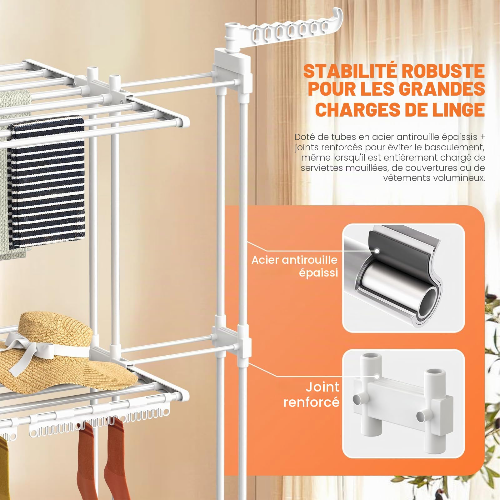 Huracan Turm Séchoir à linge sur pied à 3 niveaux avec porte-chaussettes, étendoir à linge pliable avec roulettes pour l'intérieur et l'extérieur, tour de linge télescopique, porte-linge blanc