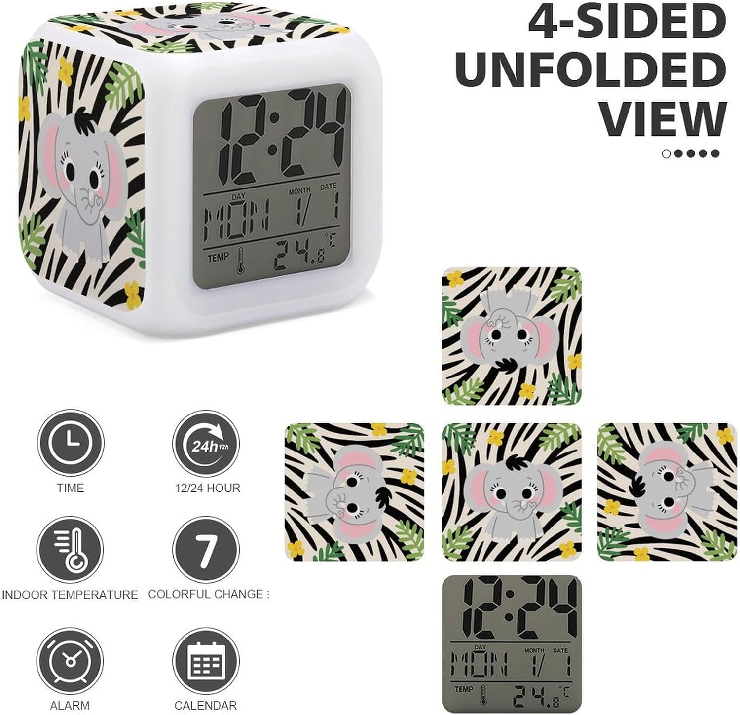 Cute ElephantsDigital Alarm Clock with 7 Color Changing Night Light Smart LED Display Desktop Clock for Heavy Sleepers, Bedside Small Alarm Clocks with Date Temperature Display image 4