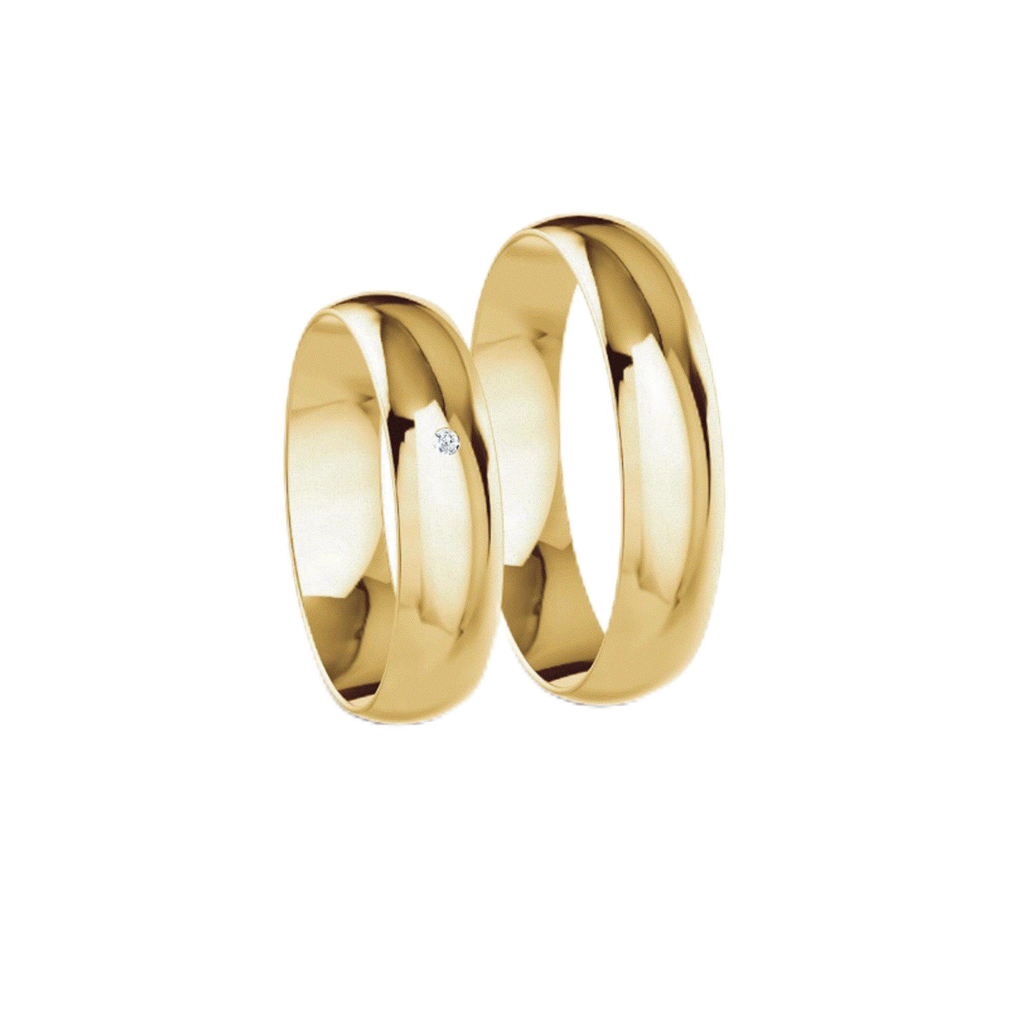 JC Trauringe Gold 333 Paarpreis Poliert I Traumhafte Eheringe breit 5 mm I Partnerringe Gelbgold mit Gravur in edler Schatulle I Klassische Hochzeitsringe Herrenring & Damenring mit Stein