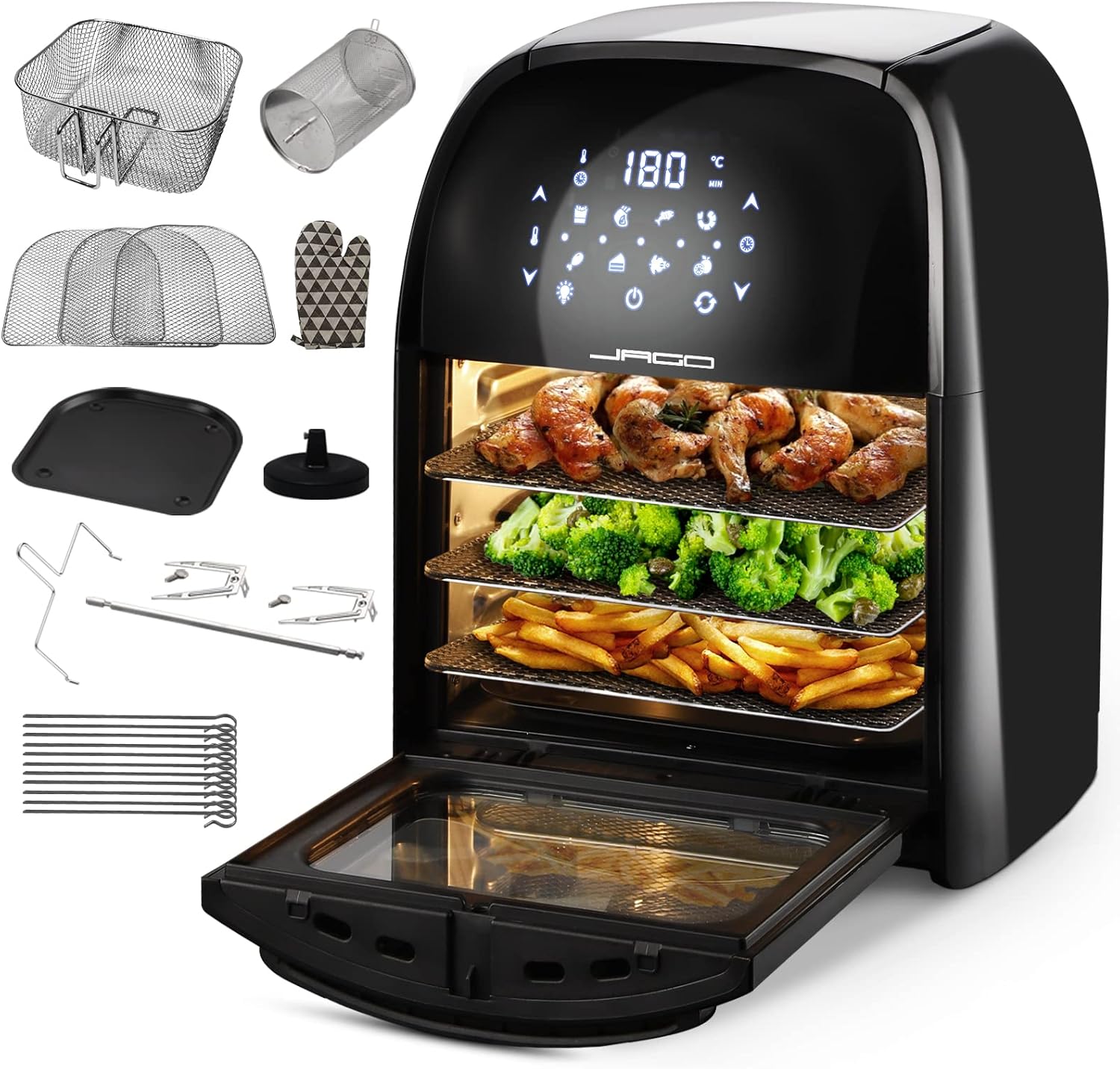 Jago® XXXL 8in1 Forno ad Aria Calda 12l + 10 Accessori - 1800W, 8 Programmi, Girarrosto, Disidratatore, Temperatura e Timer Regolabili, LED Touch Screen, senza Olio - Friggitrice, Air Fryer Jago® XXXL 8in1 Forno ad Aria Calda 12l + 10 Accessori - 1800W, 8 Programmi, Girarrosto, Disidratatore, Temperatura e Timer Regolabili, LED Touch Screen, senza Olio - Friggitrice, Air Fryer