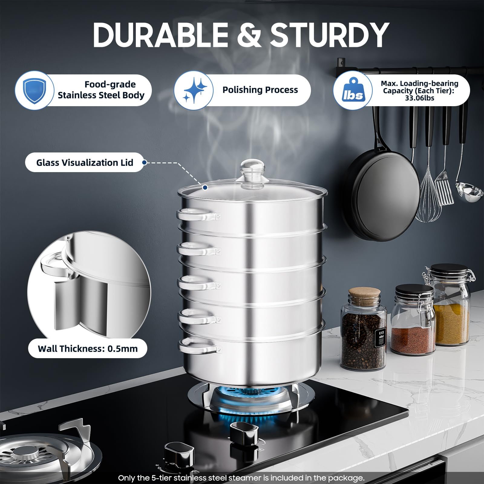 5-Lagiger Edelstahl Dampfgarer 11 Zoll Großem Fassungsvermögen Lebensmittelecht Dampfgarer Induktion Slow Cooker mit Glasabdeckung für Gemüse, Knödel & Kochgeschirr in der Küche