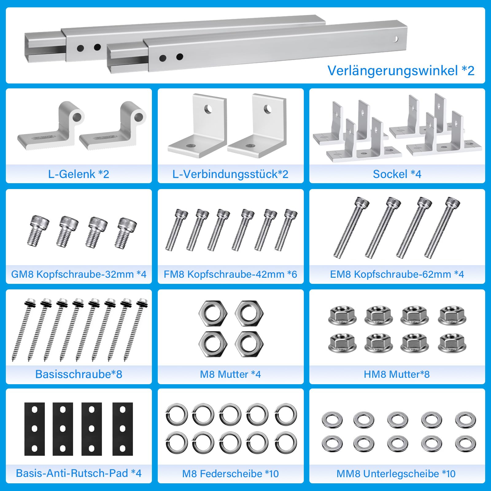 Supporto per Centrali Da Balcone In Alluminio,1 Paia Di Supporti per Pannelli Solari, Supporto per Pannelli Solari Regolabile a 15 – 30 °, Supporto per Tetto Piano, Parete, Barca, Camper