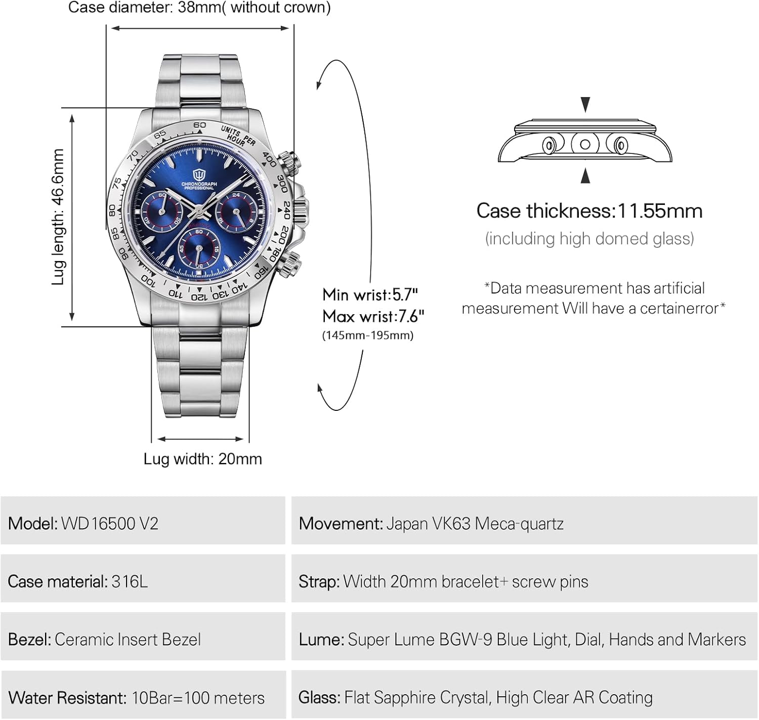 watchdives Chronograph Watch, WD16500 V2 Quartz Men Watches Japan VK63 Meca-Quartz Movement 38mm Sapphire Crystal Wristwatch 100M Waterproof Sport Watch, Stainless Steel Bracelet